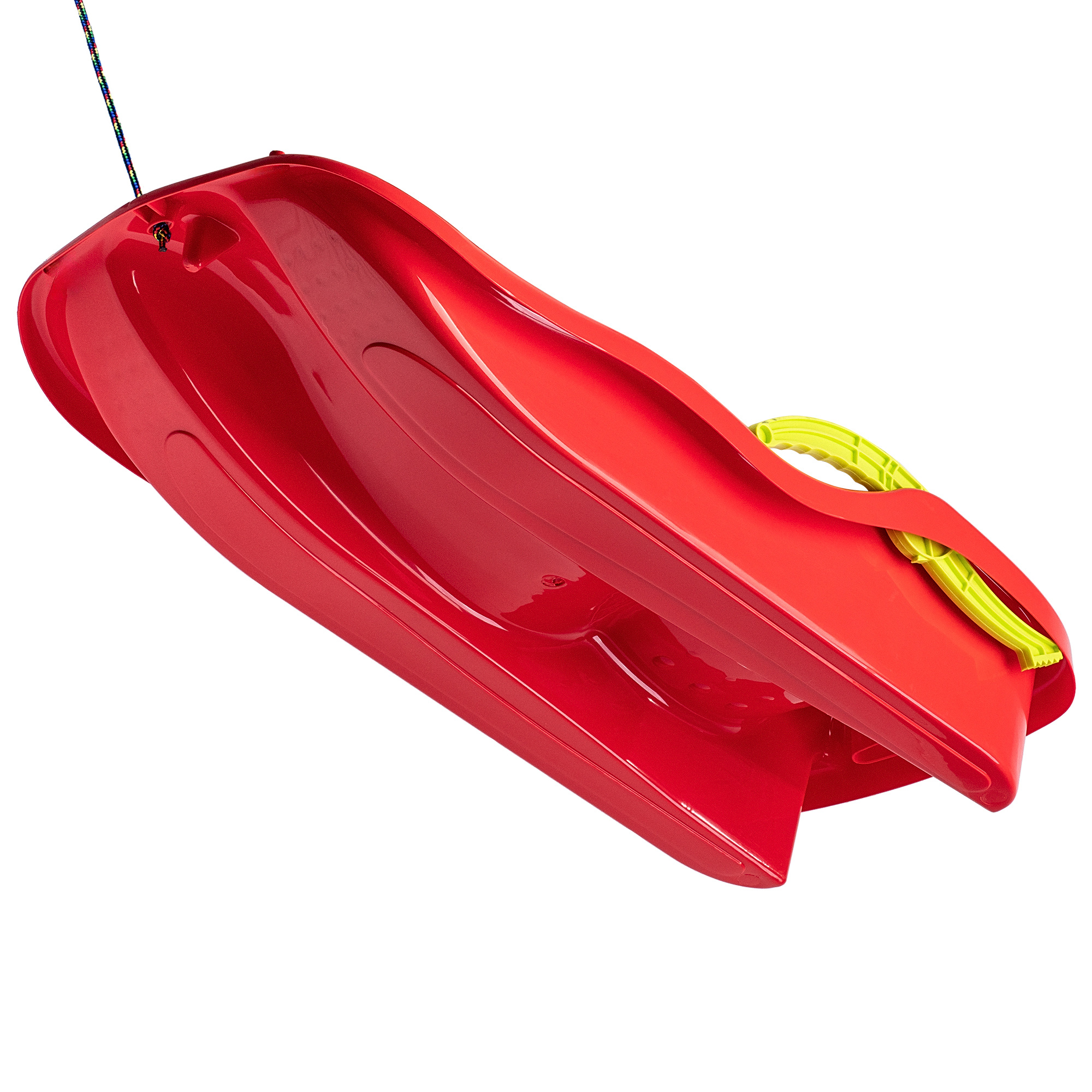 Sanki plastikowe z rączkami, hamulcem i linką, czerwone