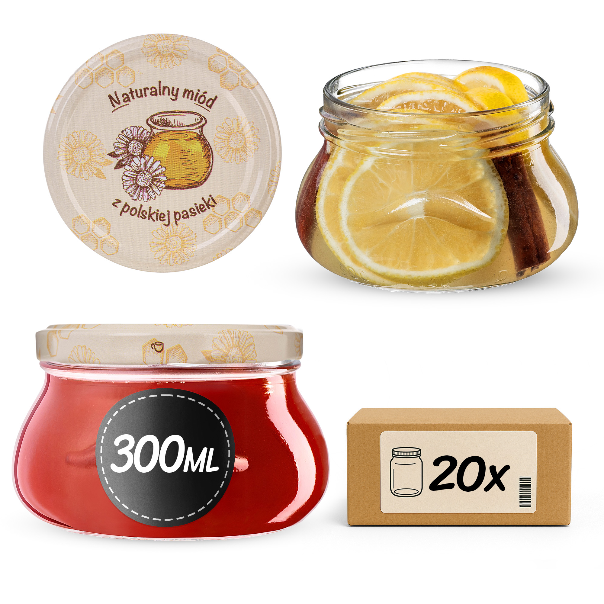 Słoiki na przetwory Raja 300ml fi82mm 20szt + wieczko Miód z pasieki