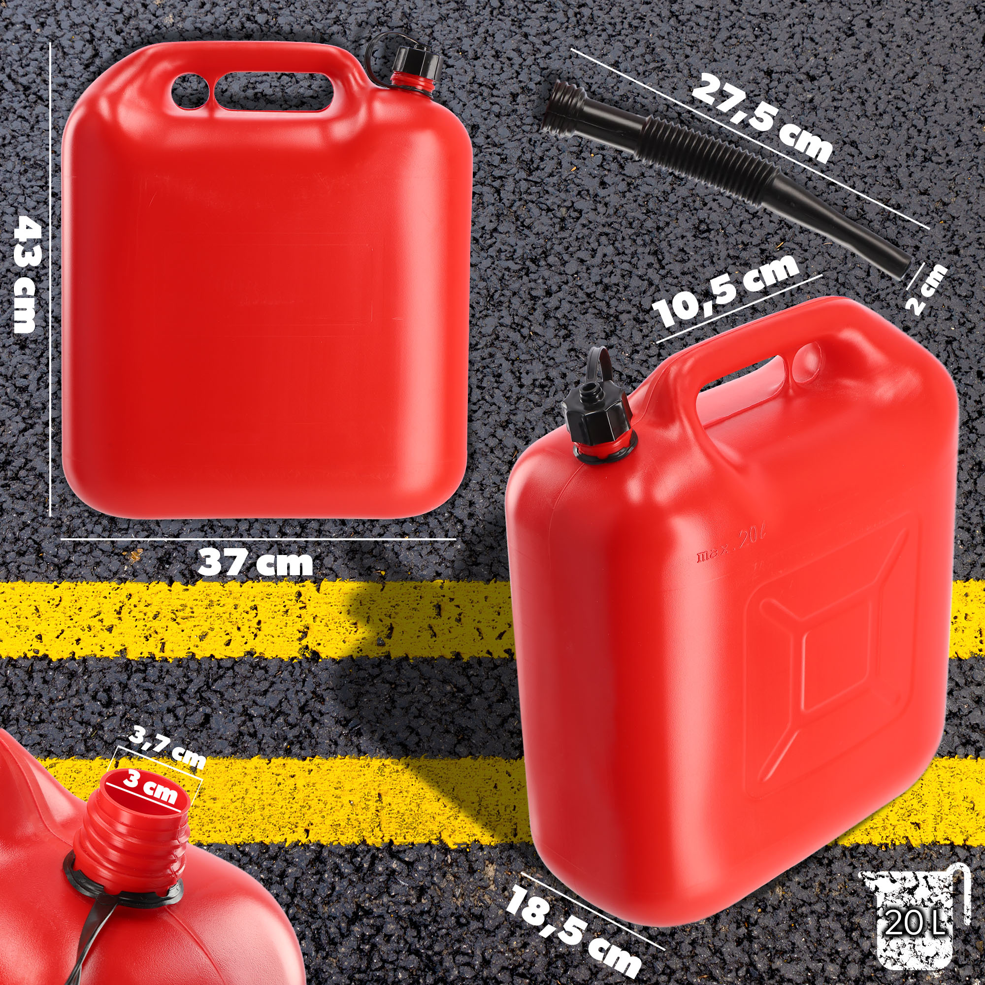 Kanister na paliwo z lejkiem 20L, czerwony
