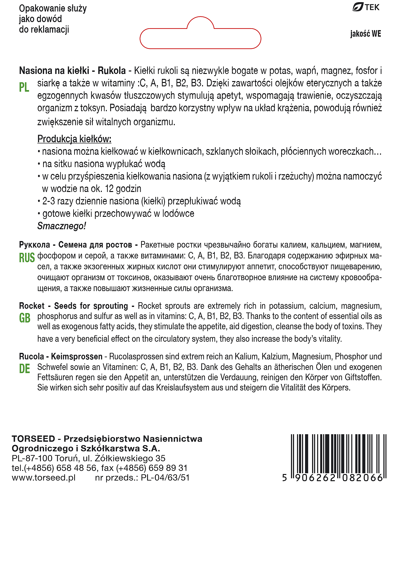 Nasiona na kiełki Rukola 5g