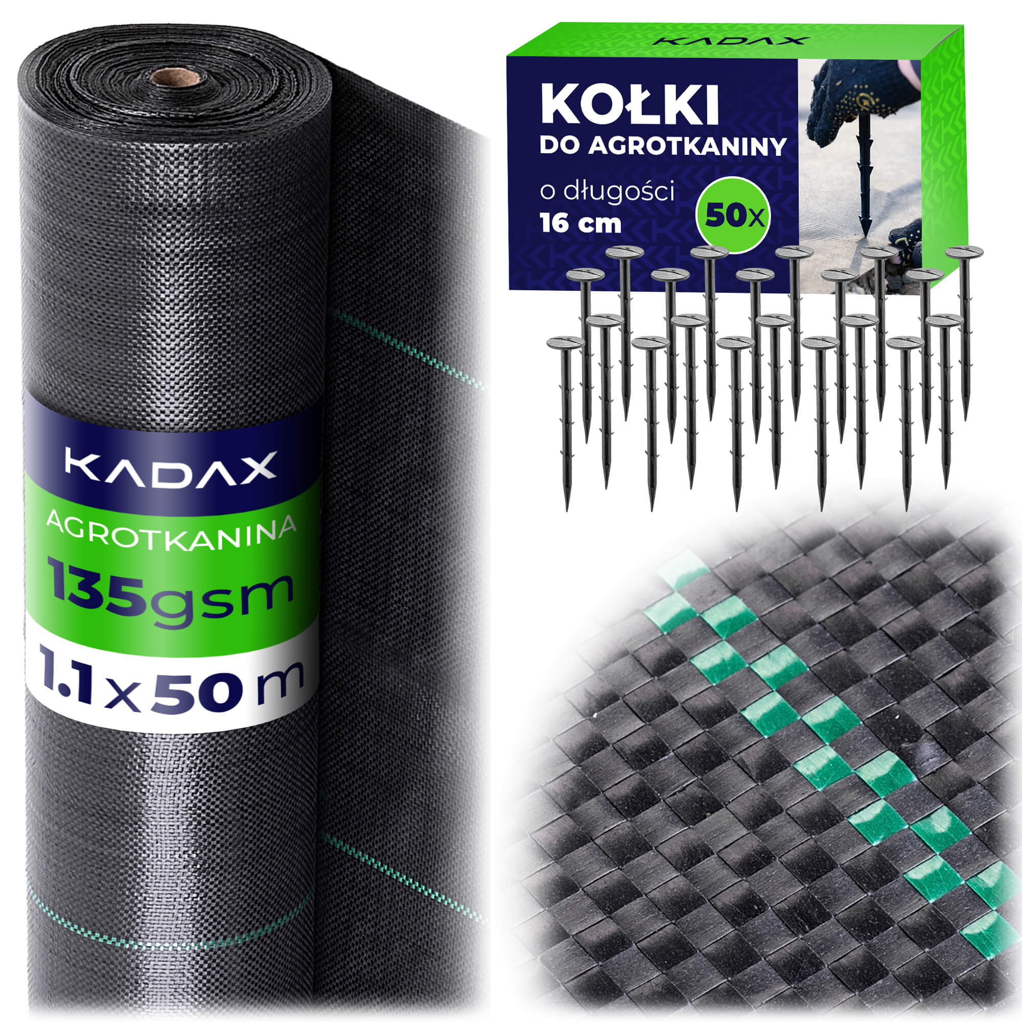 Agrotkanina ogrodowa Auros 1.1 x 50m 135 g/m² czarna + kołki 50 szt.