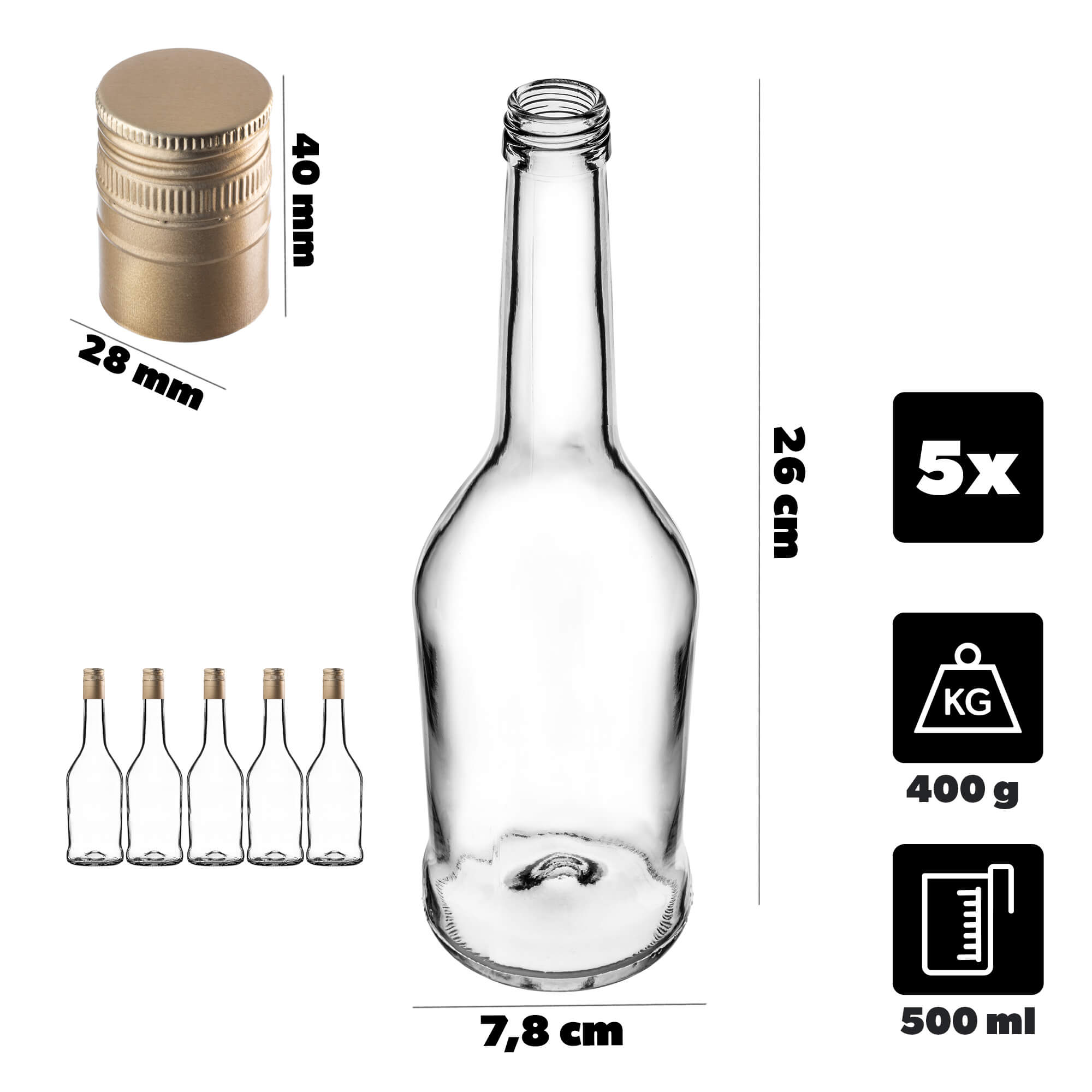 Szklana butelka na nalewkę Loiret 500ml z długą złotą zakrętką 5 szt.