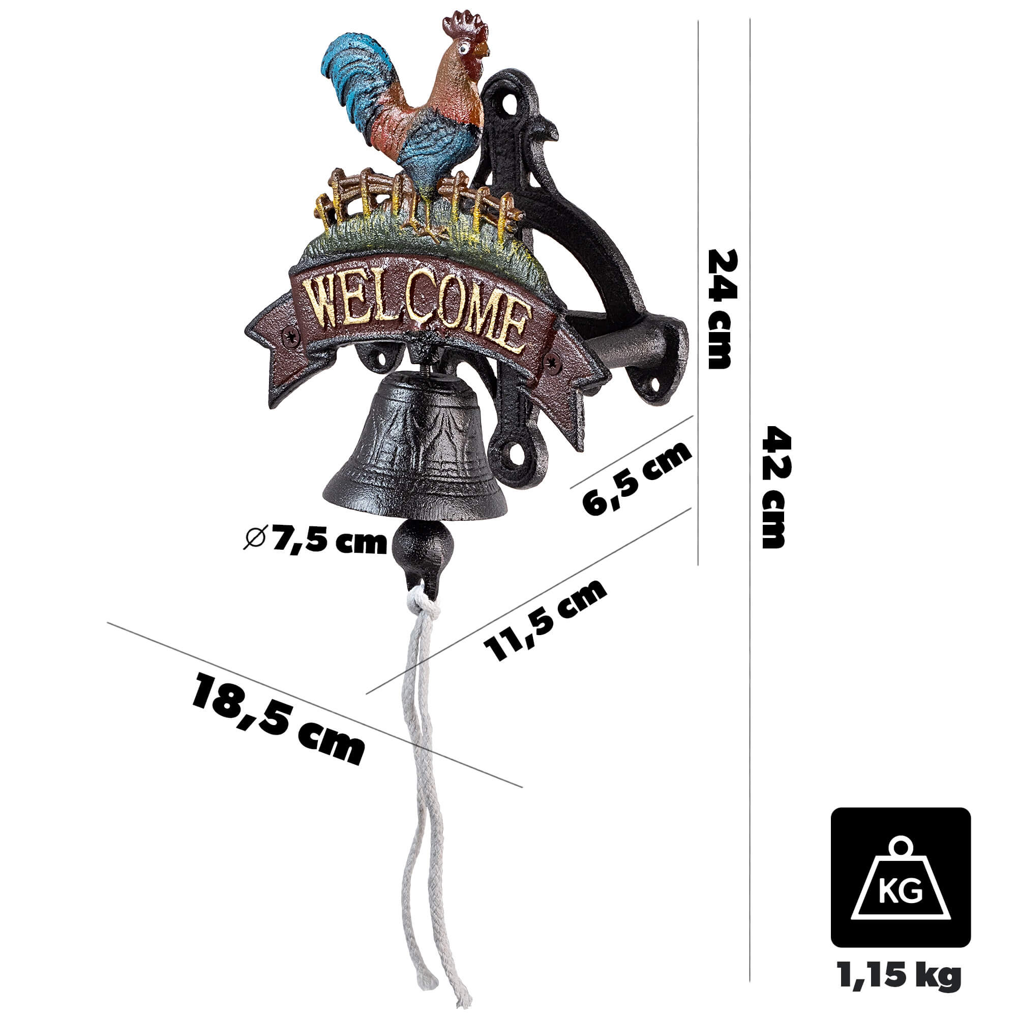 Żeliwny dzwonek dekoracyjny Greux „Welcome" z kogutem