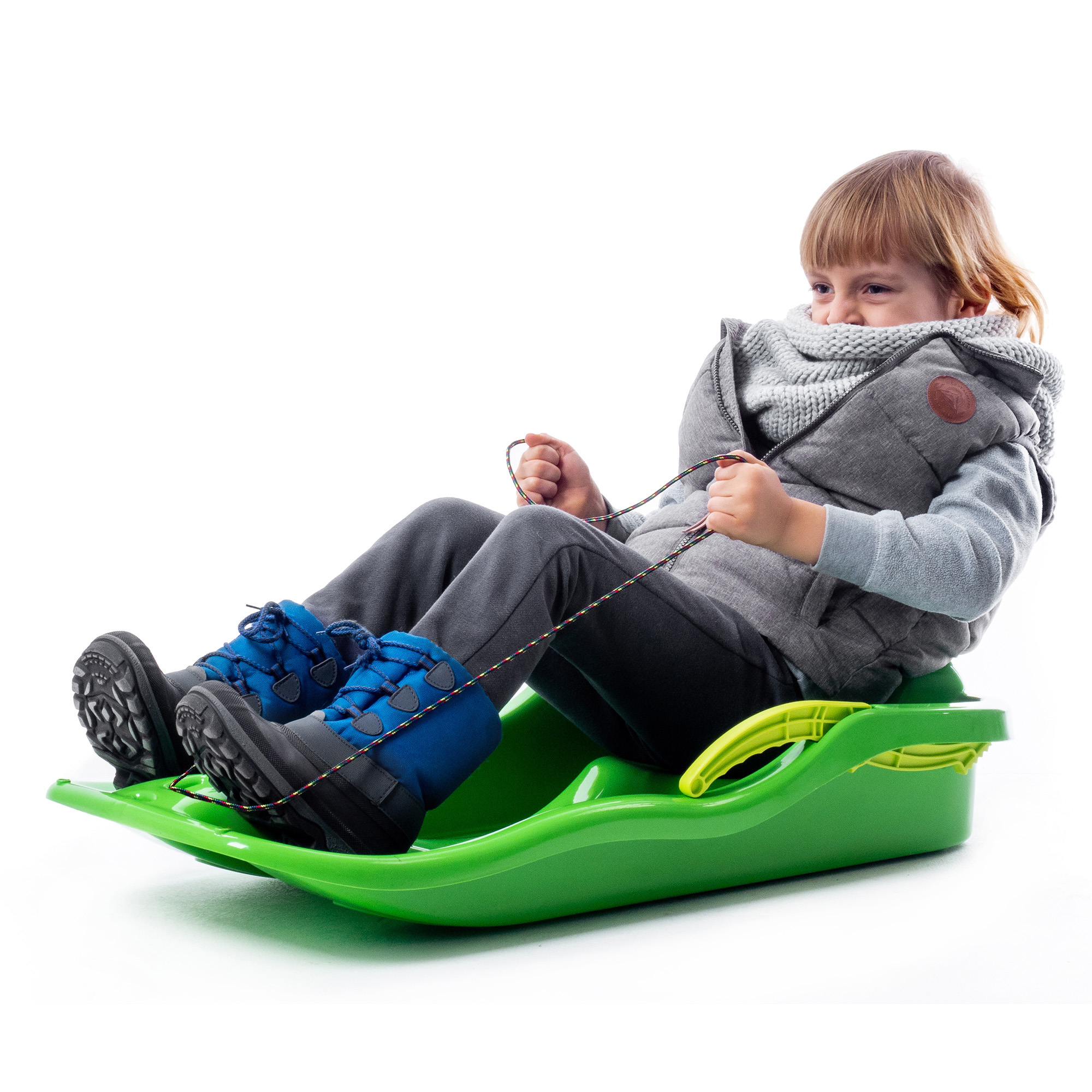 Sanki plastikowe z rączkami, hamulcem i linką, zielone