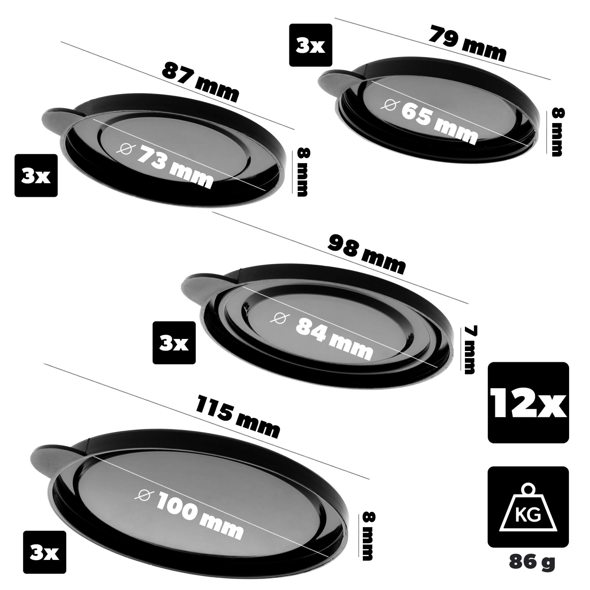 Zestaw pokrywek na puszki Oizon 100mm 84mm 73mm 65mm czarny 12 szt.
