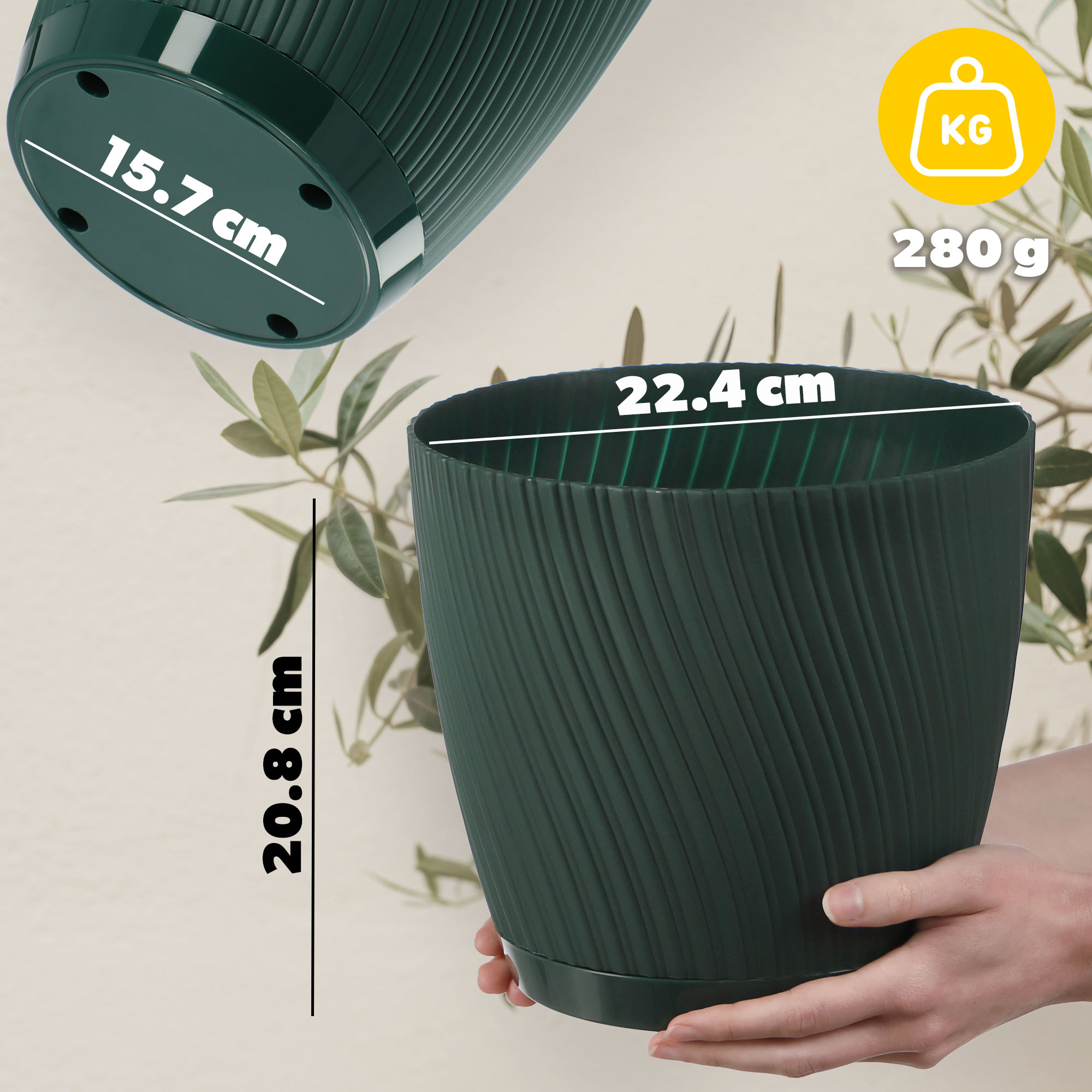 Doniczka z podstawką Tubas 23 cm, zielona