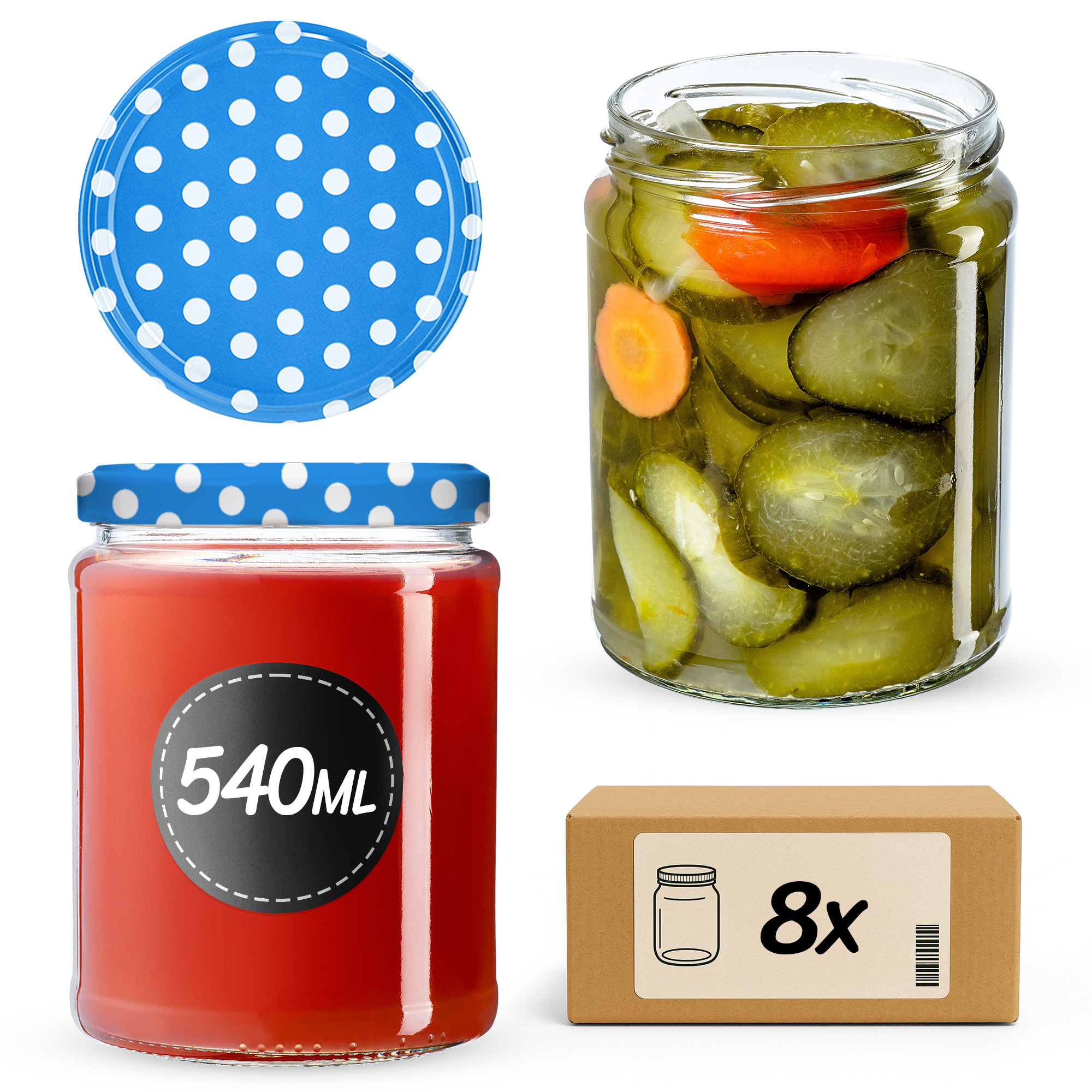 Słoiki na przetwory Maki 540ml fi82mm 8szt + wieczko Groszek niebieski
