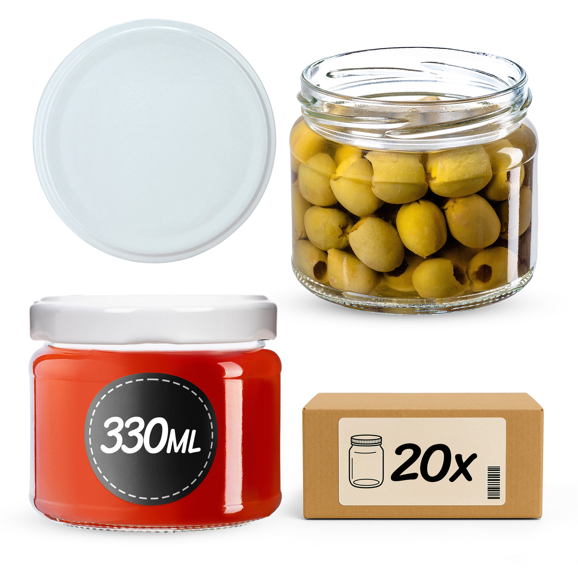Słoiki na przetwory Sonka 330ml 20szt 82mm + wieczka białe