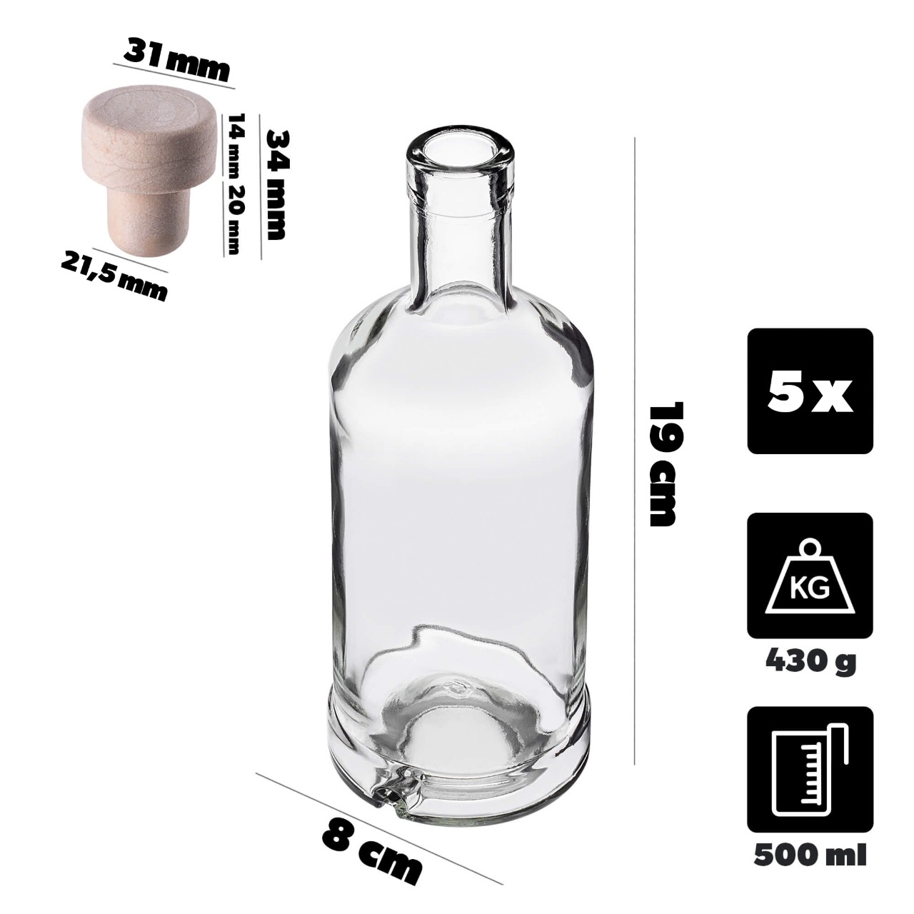 Szklana butelka na alkohole Tadek 500ml z korkiem syntetycznym 5 szt.