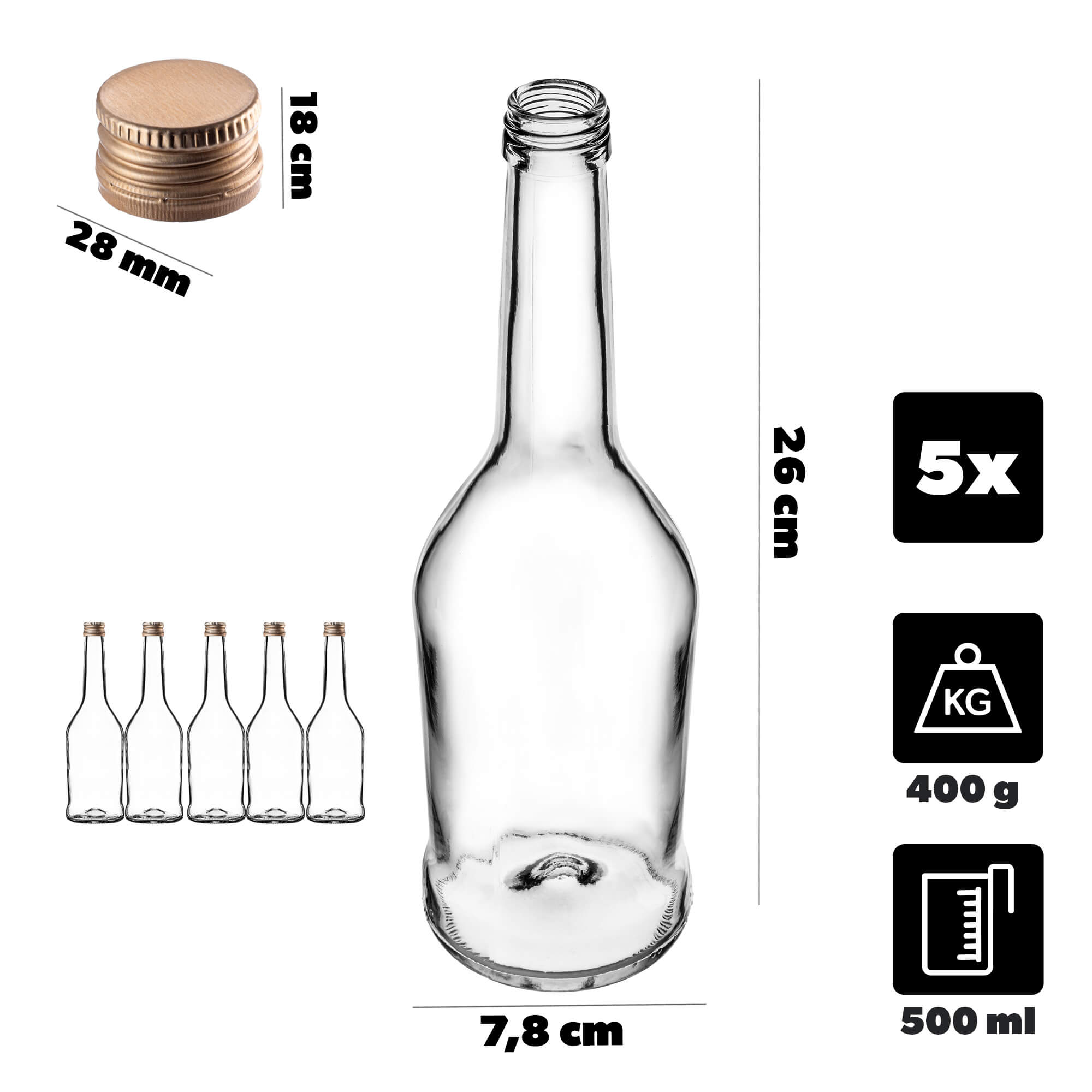 Szklana butelka na nalewkę Loiret 500ml ze złotą zakrętką 5 szt.