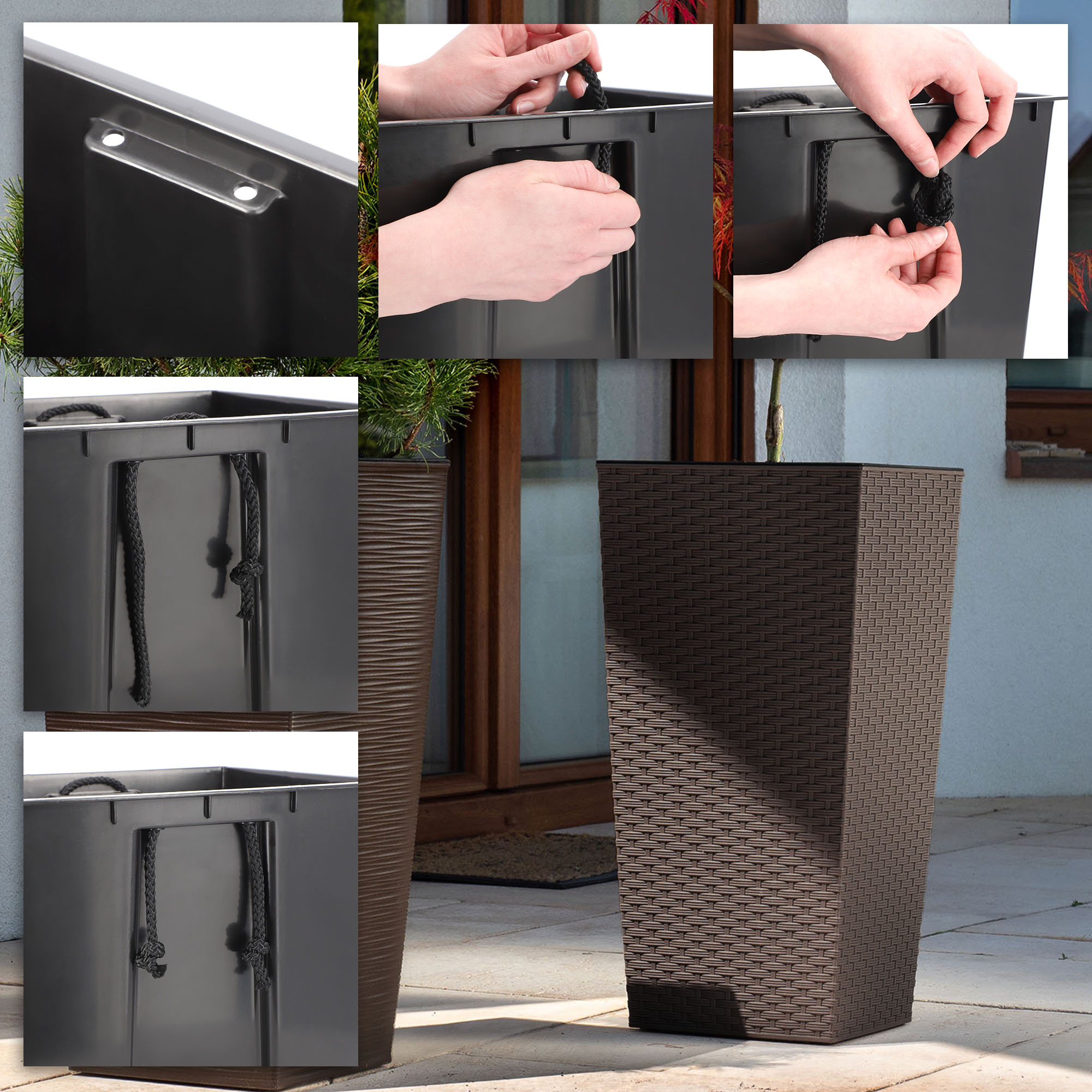 Donice na kwiaty z wkładem Pesaro rattan 25 cm + 30 cm +35 cm, mokka