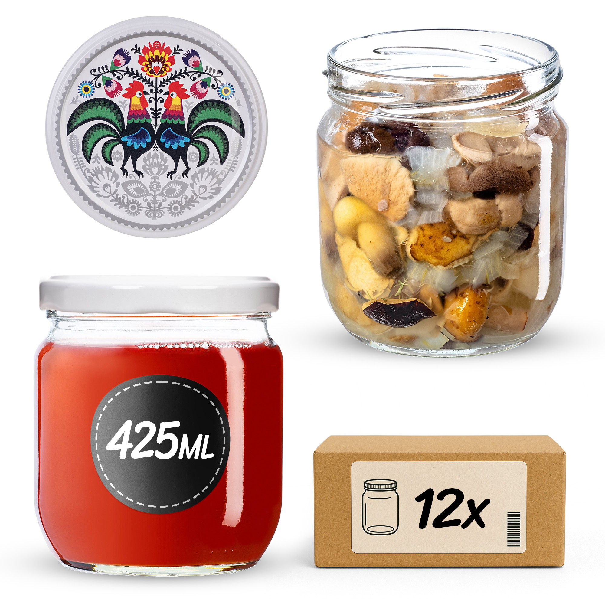 Słoiki na przetwory Salla 425ml fi82mm 12szt + wieczko Kogut