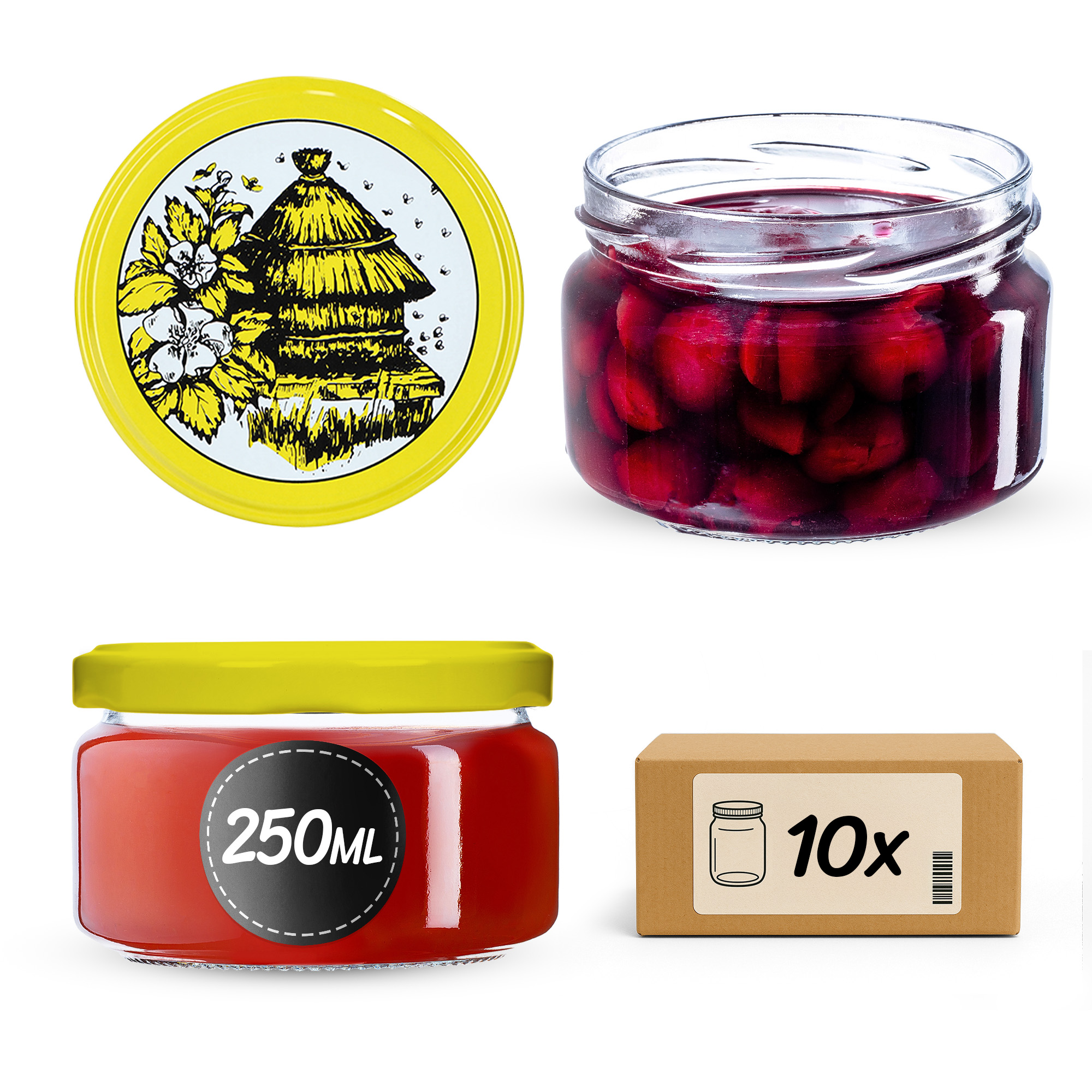 Słoiki na przetwory Denia 250ml 10szt 82mm + wieczko "Pszczoły"