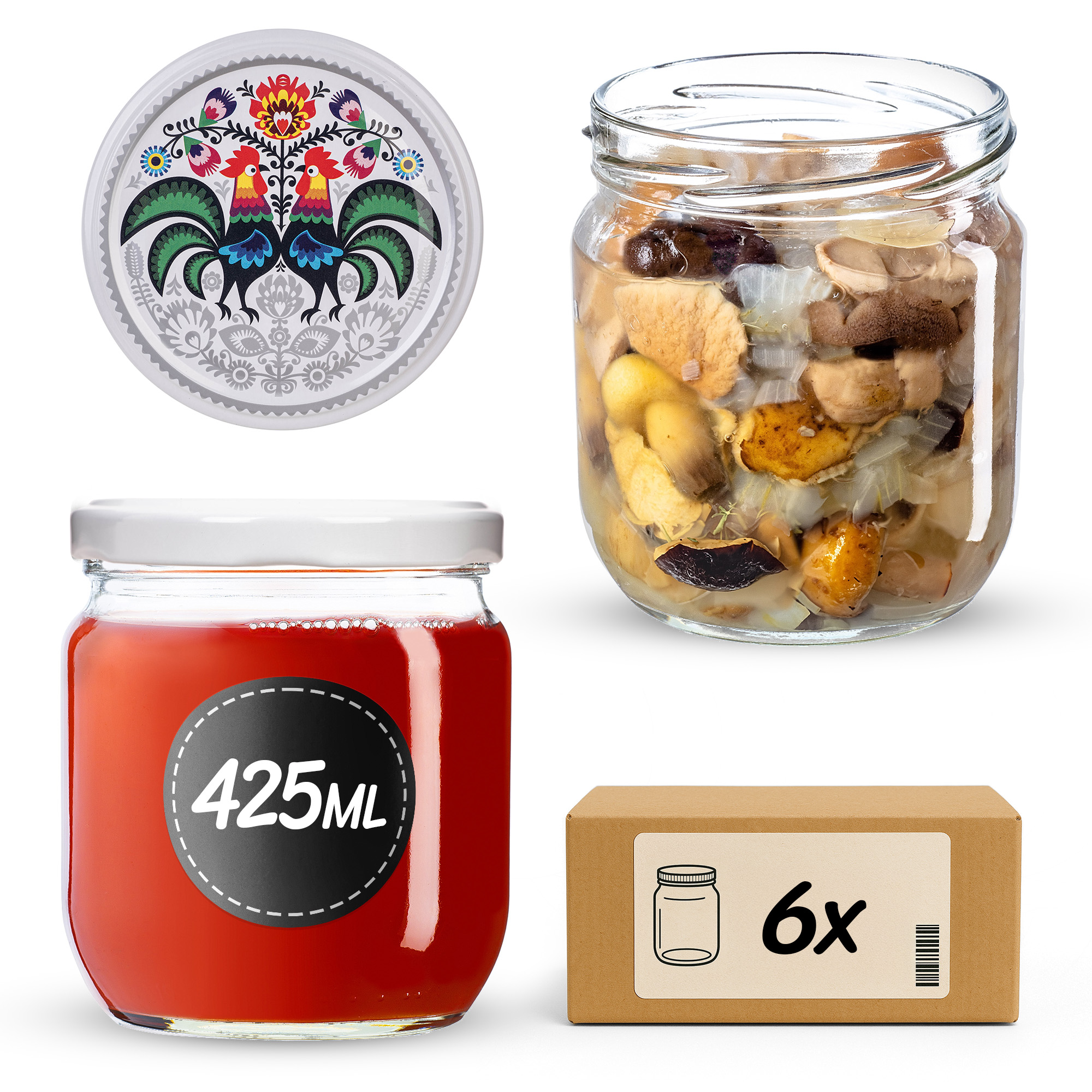Słoiki na przetwory Salla 425ml fi82mm 6szt + wieczko Kogut