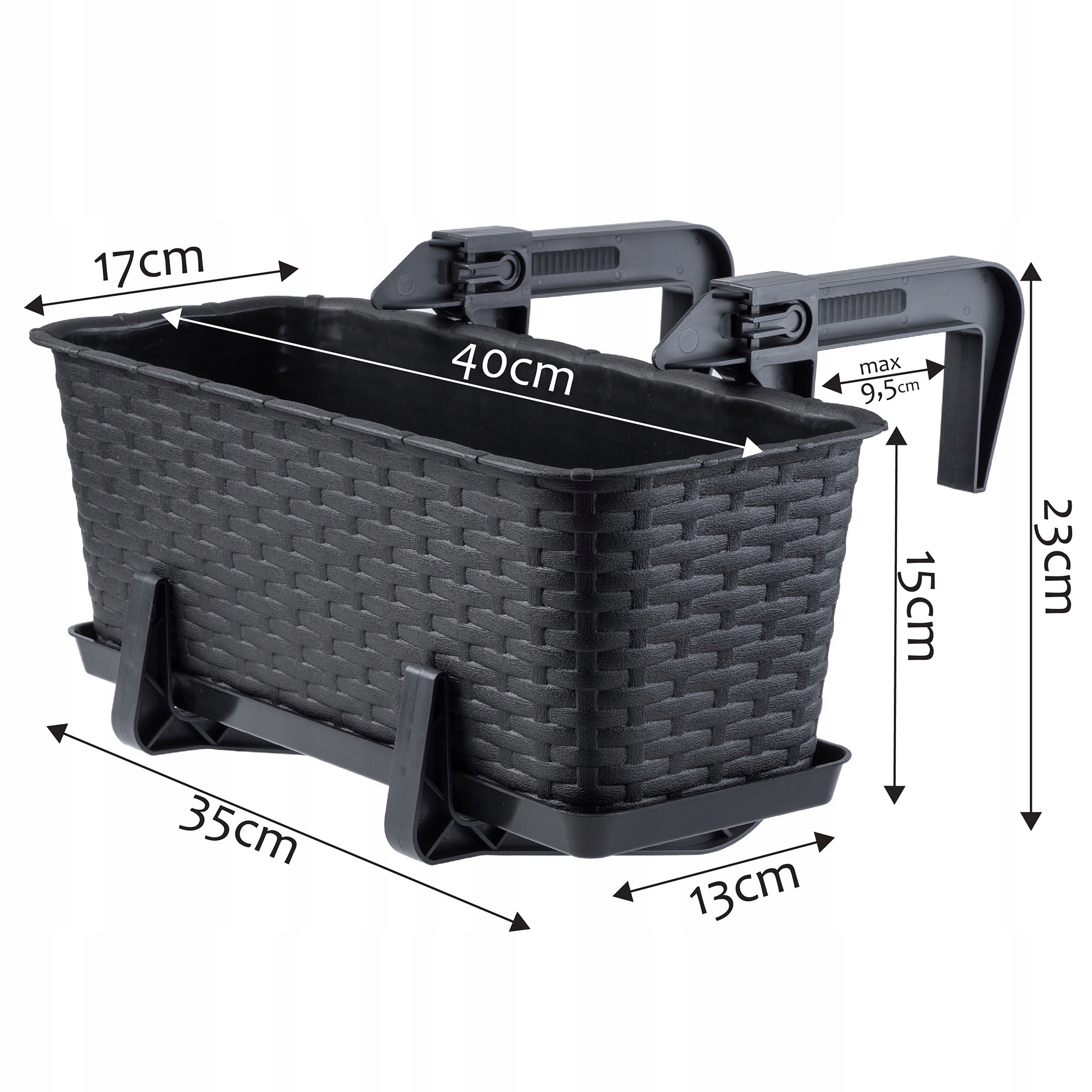 Doniczka balkonowa rattanowa z podstawką Frette 40 + 60 cm + uchwyty, antracyt