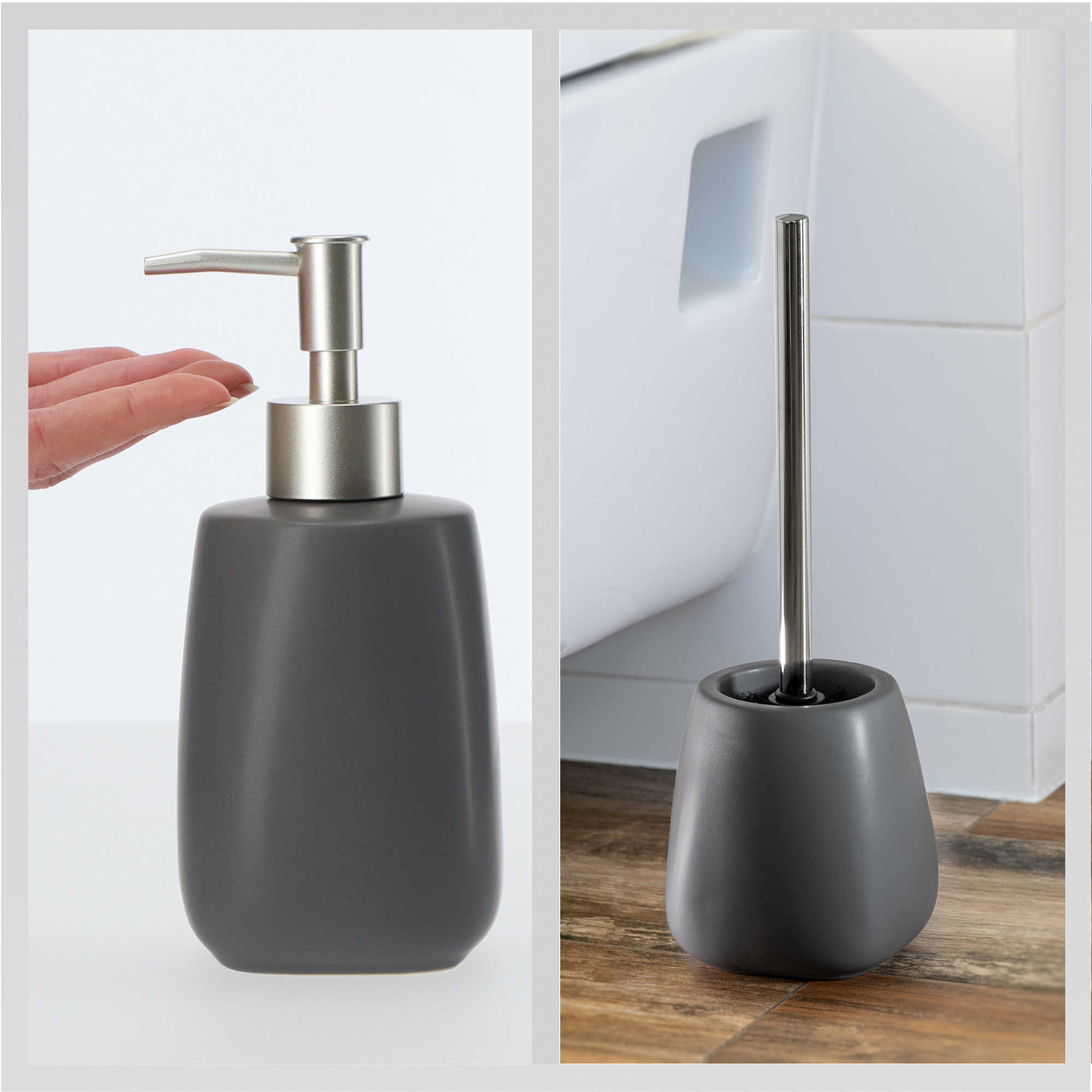 Zestaw dozownik na mydło + szczotka WC, szary
