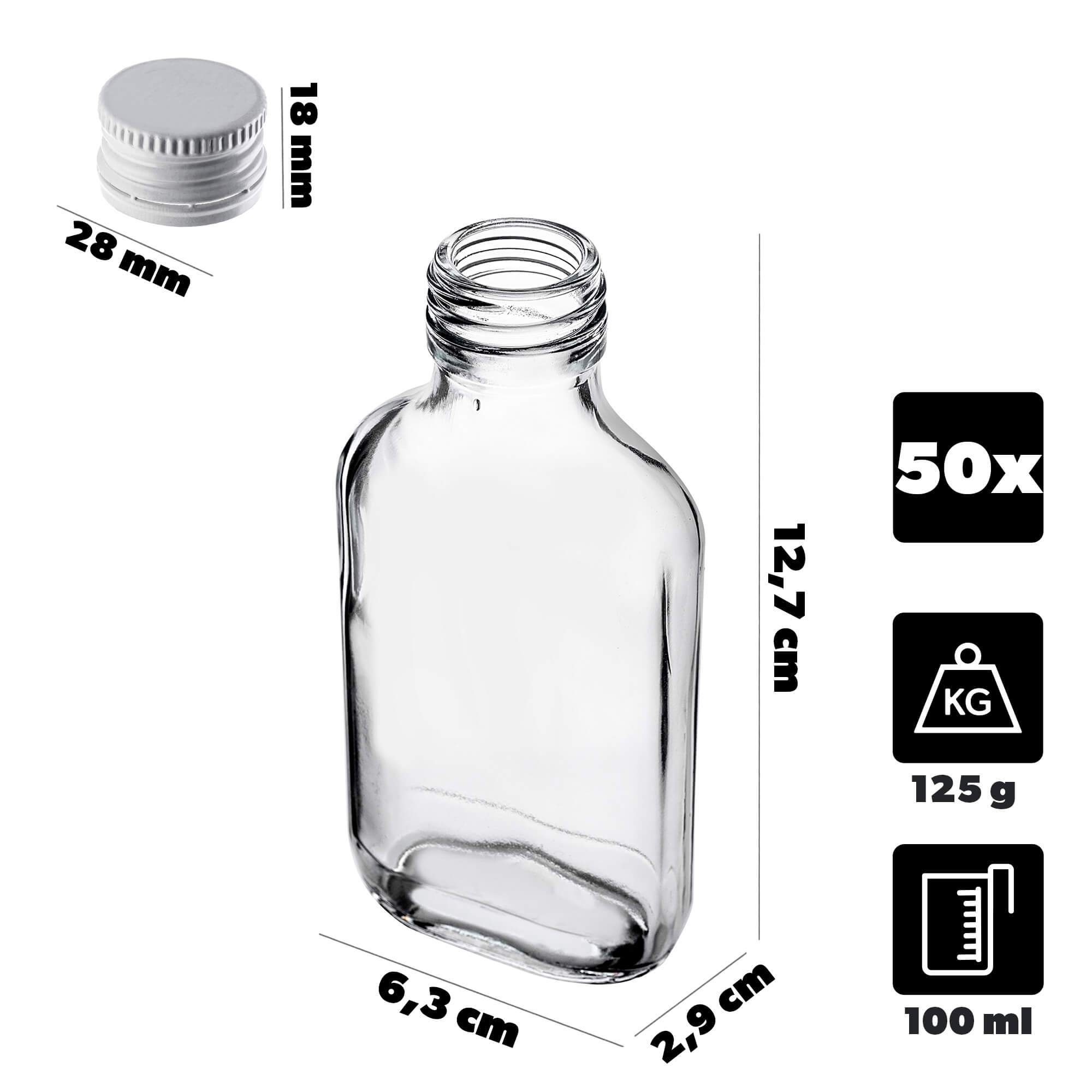 Butelka piersiówka Viane 100ml z białą zakrętką 50 szt.