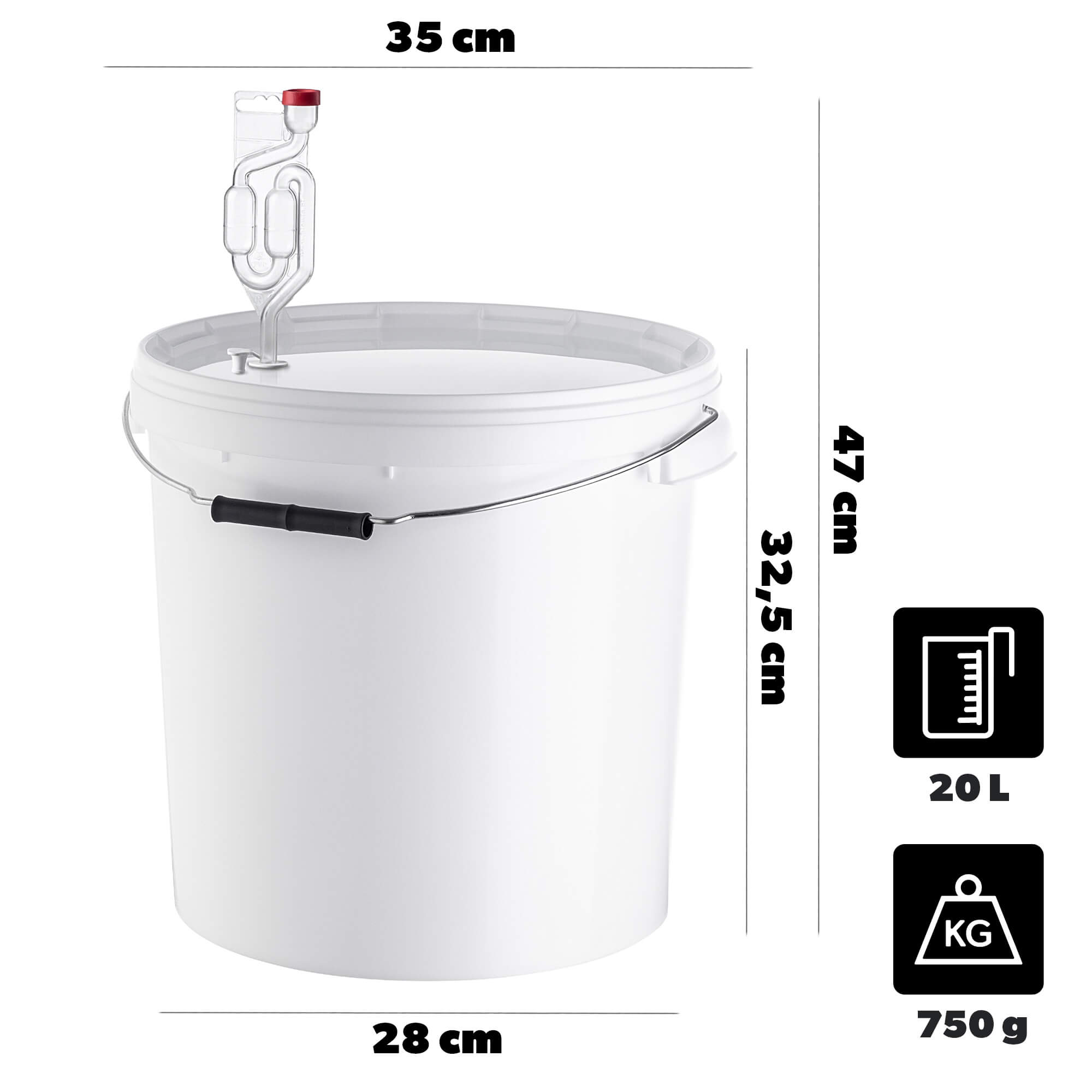 Pojemnik fermentacyjny Acerra z pokrywą i uchwytem 20L biały + korek + rurka fermentacyjna