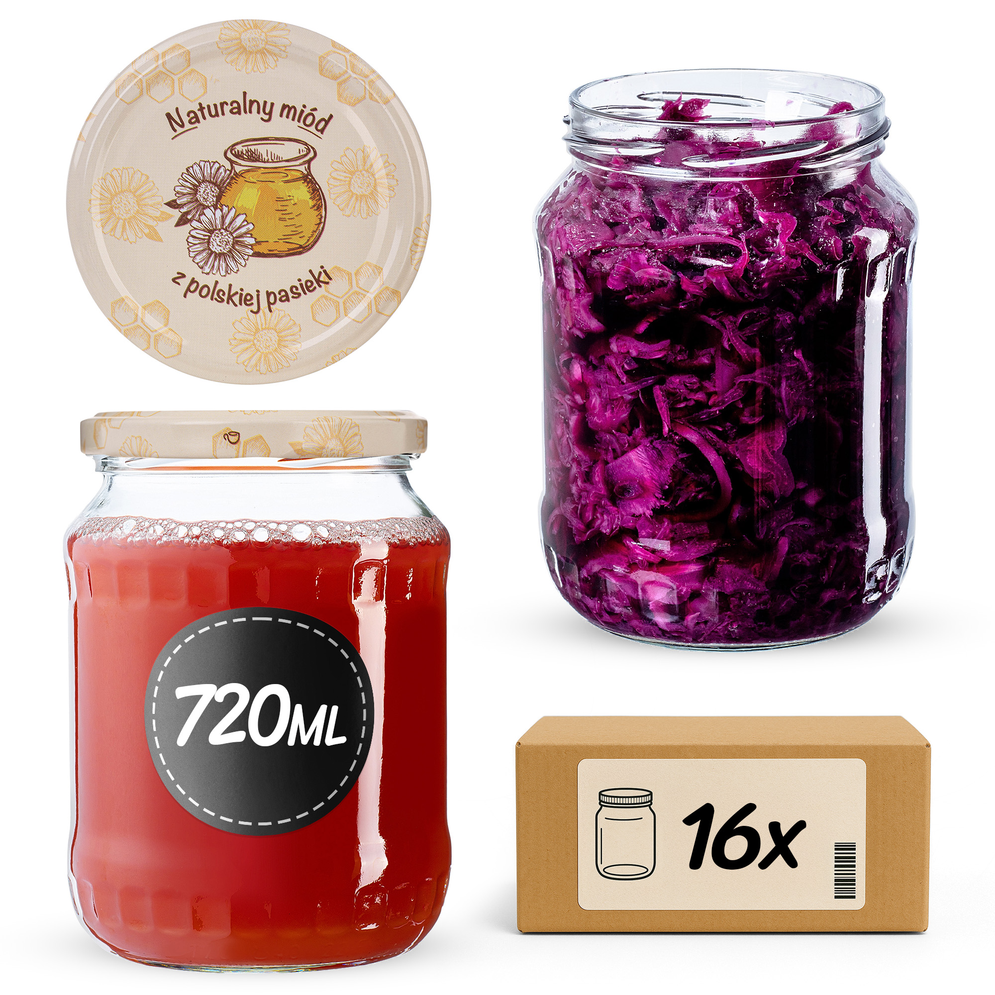 Słoiki na przetwory Jukka 720ml fi82mm 16szt + wieczko Miód z pasieki