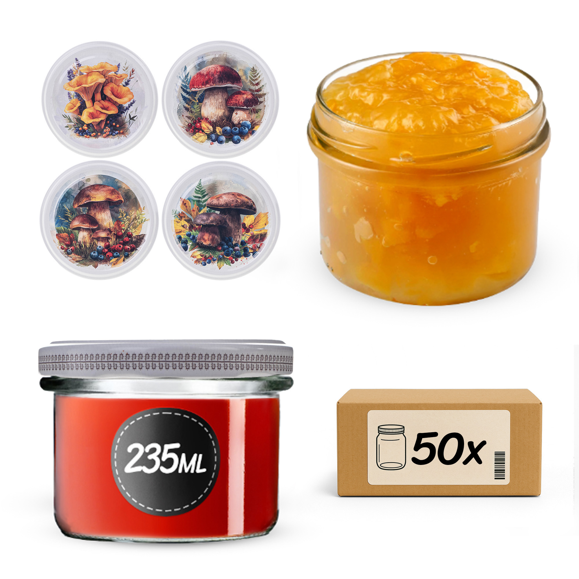 Słoiki na przetwory Tartu 235ml fi82mm 50szt + wieczko Grzyb akwarela