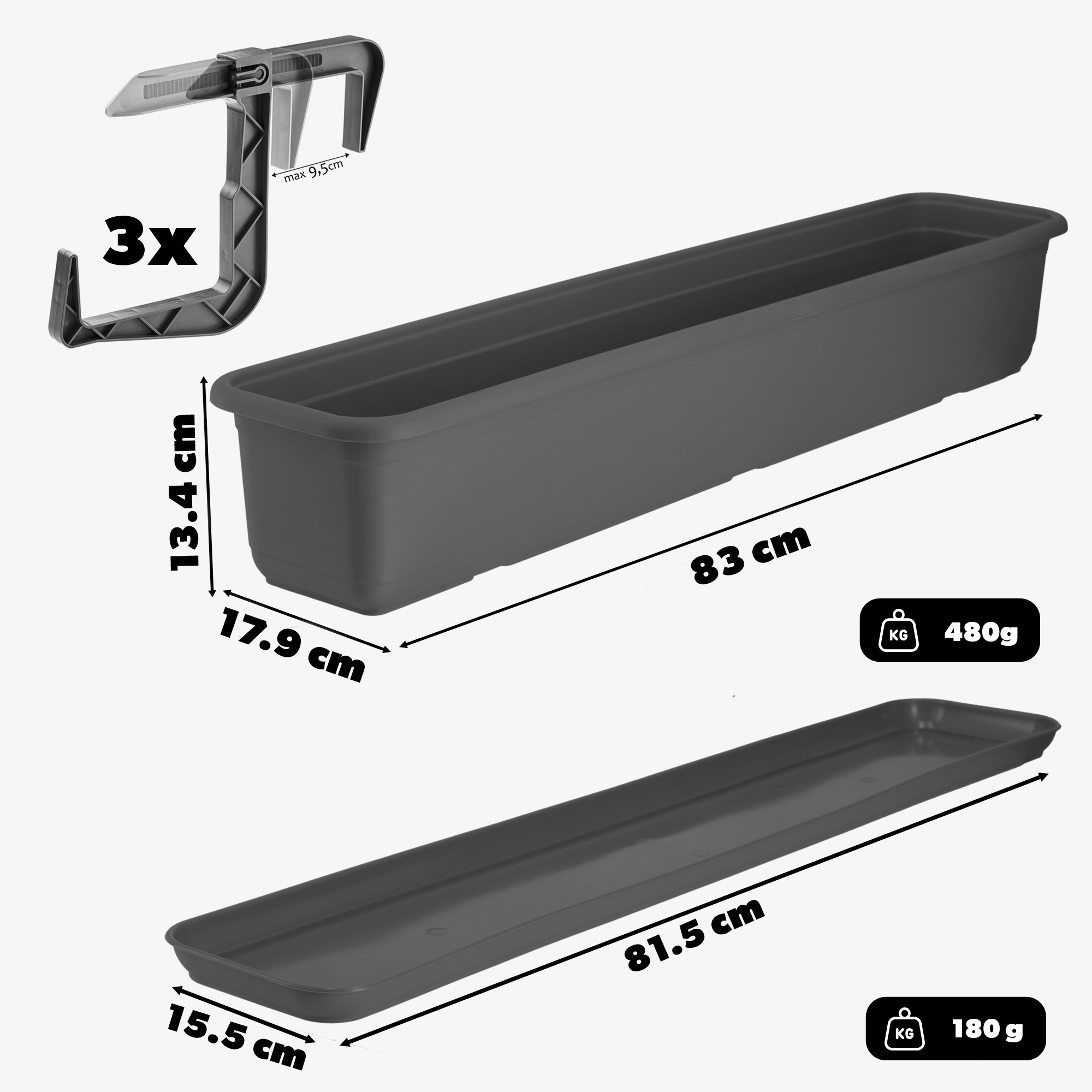 Skrzynka balkonowa z podstawką i uchwytami Evron 80 cm, antracyt