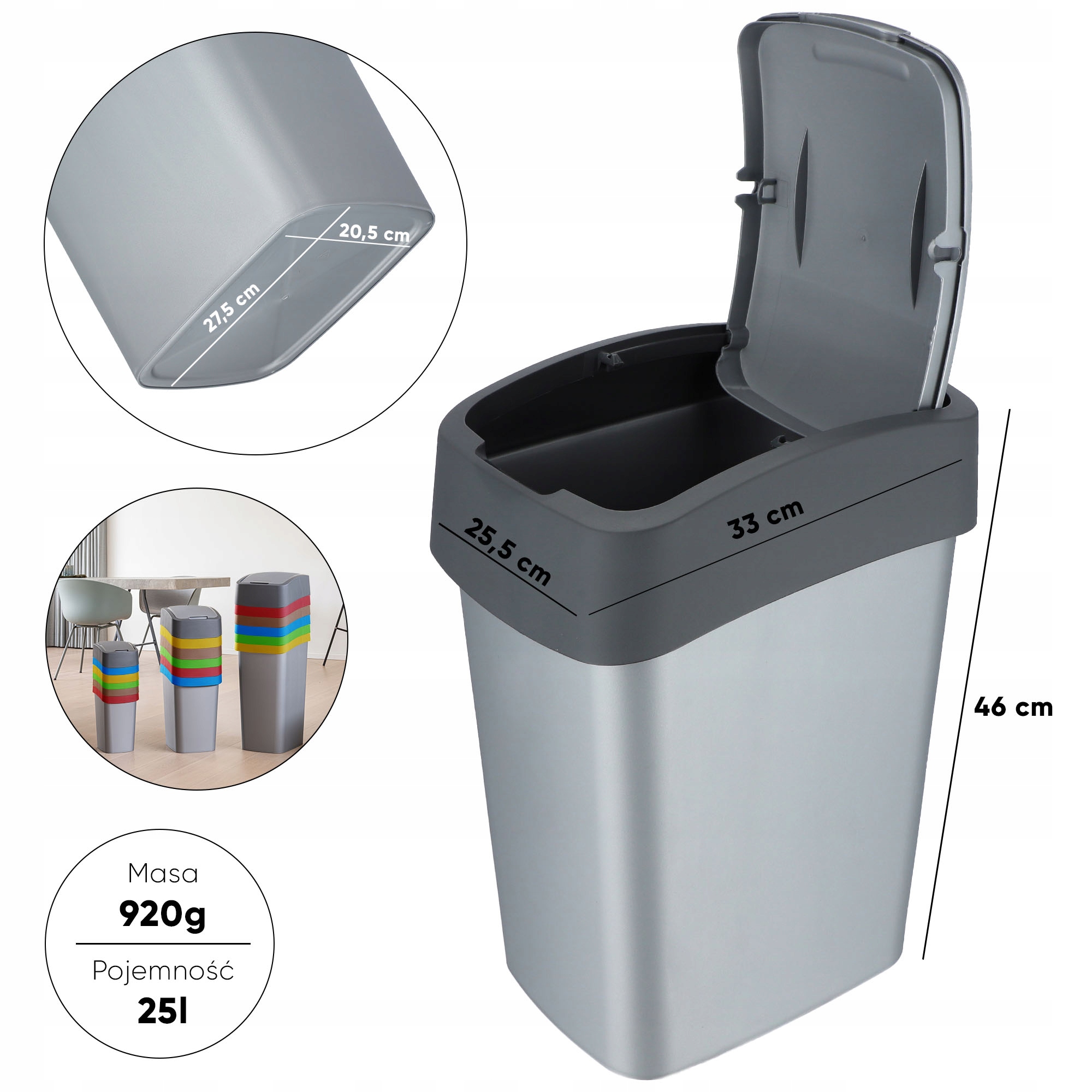 Kosz na śmieci Curver Flip Bin 25L, grafitowy