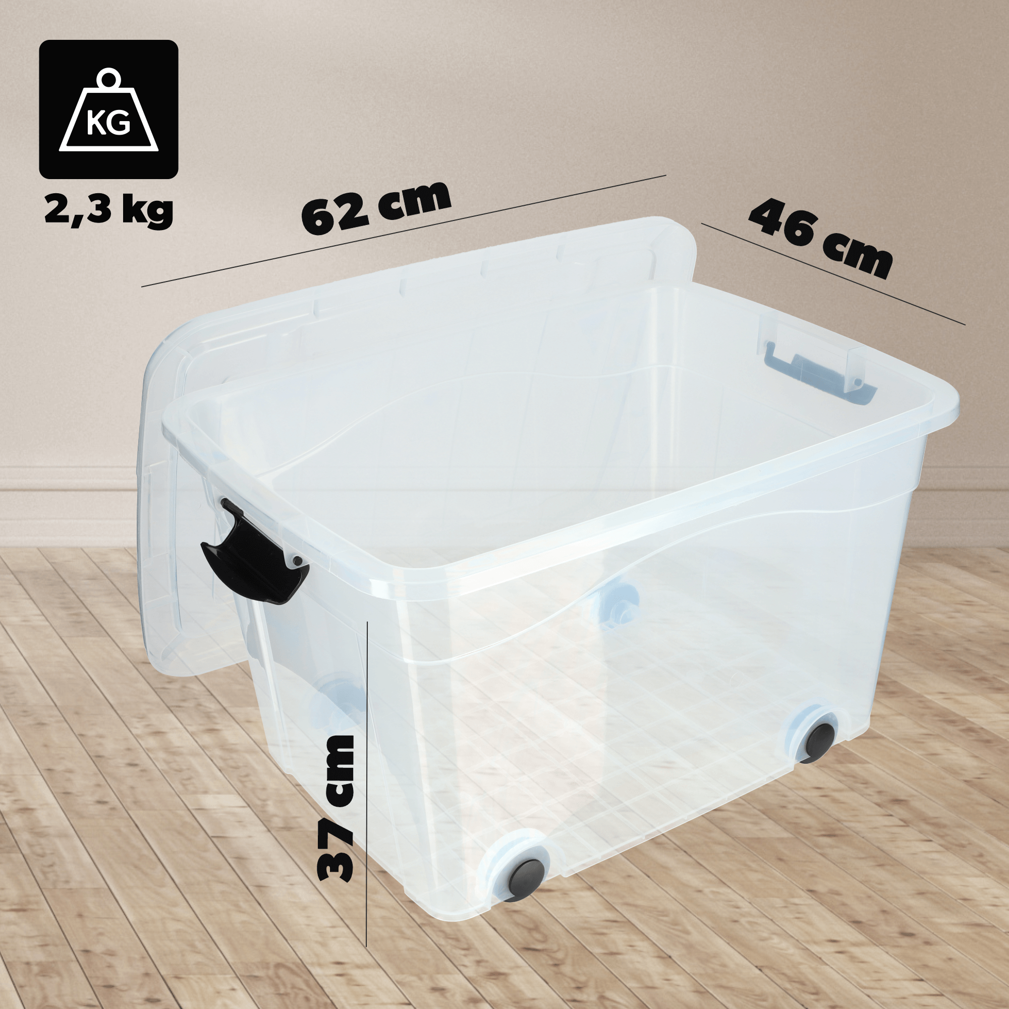 Plastikowy pojemnik na kółkach Vado 60L, transparentny