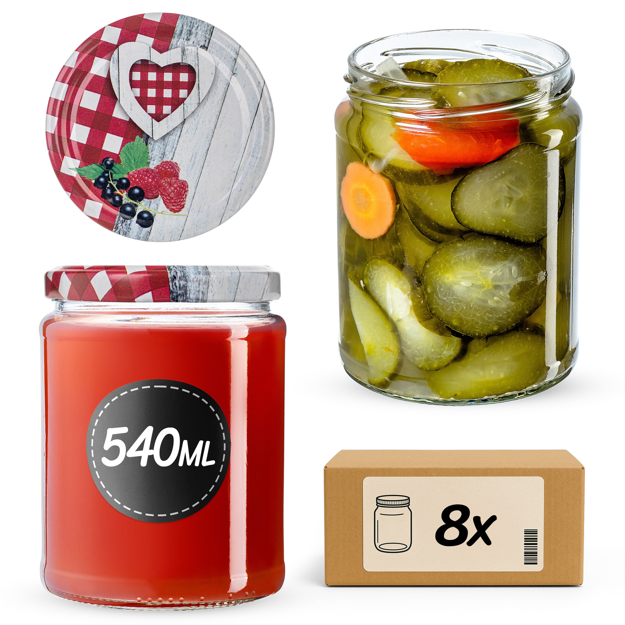 Słoiki na przetwory Maki 540ml fi82mm 8szt + wieczko Krata z serduszkiem