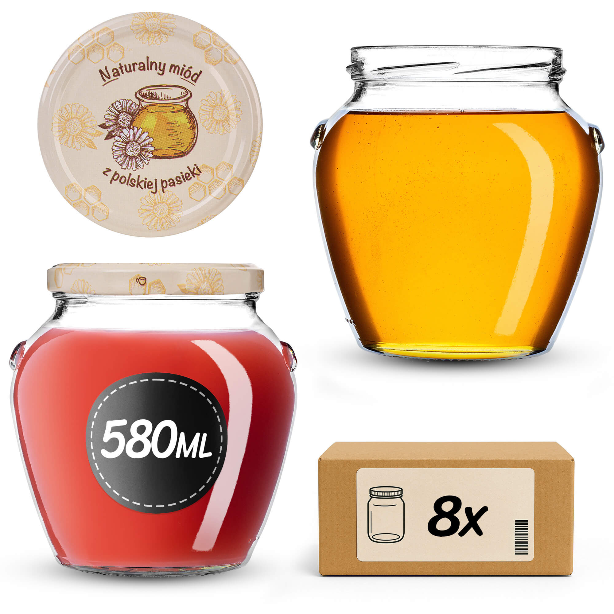 Słoiki na przetwory Sassa 580ml 8szt 82mm + wieczka "Miód z pasieki"