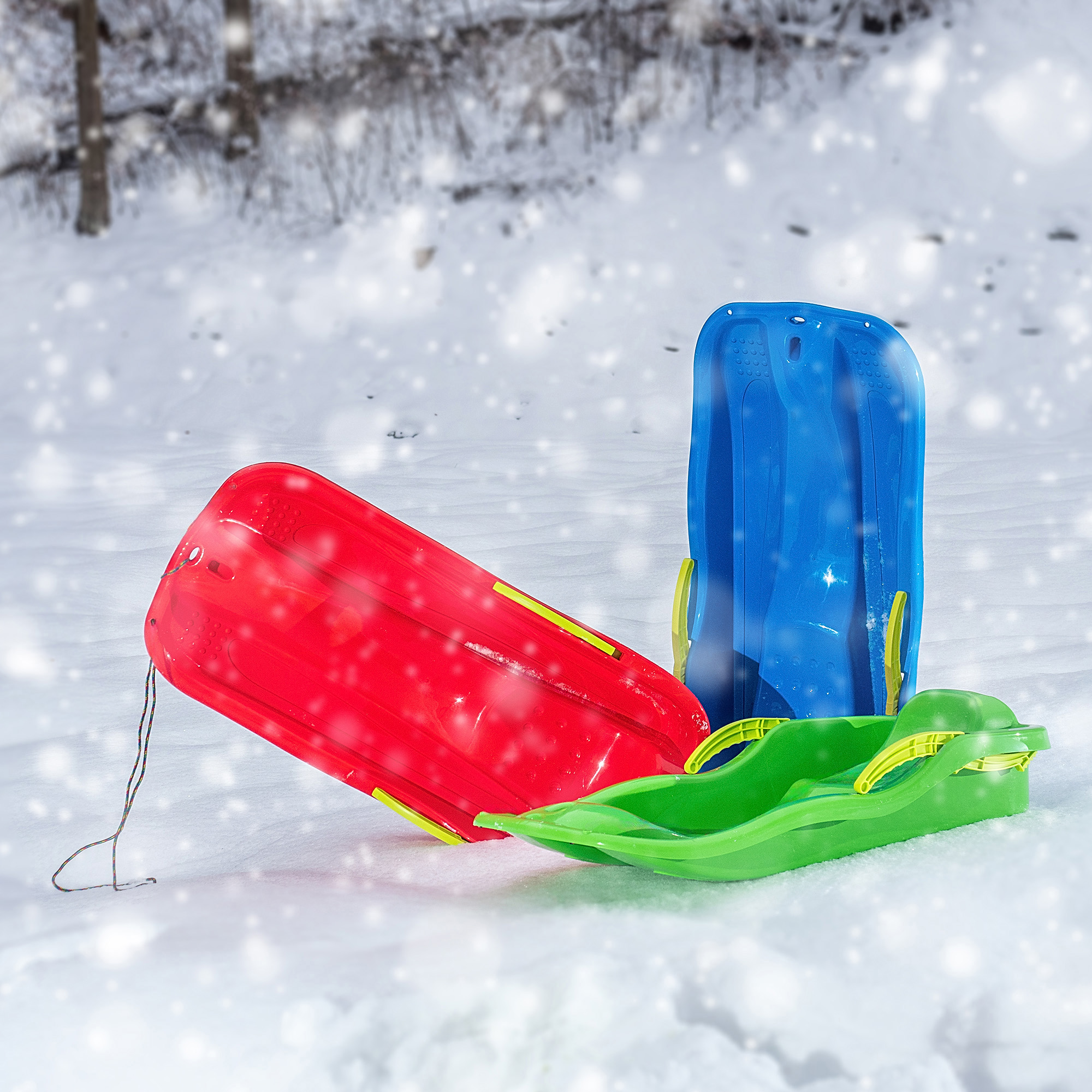 Sanki plastikowe z rączkami, hamulcem i linką, czerwone