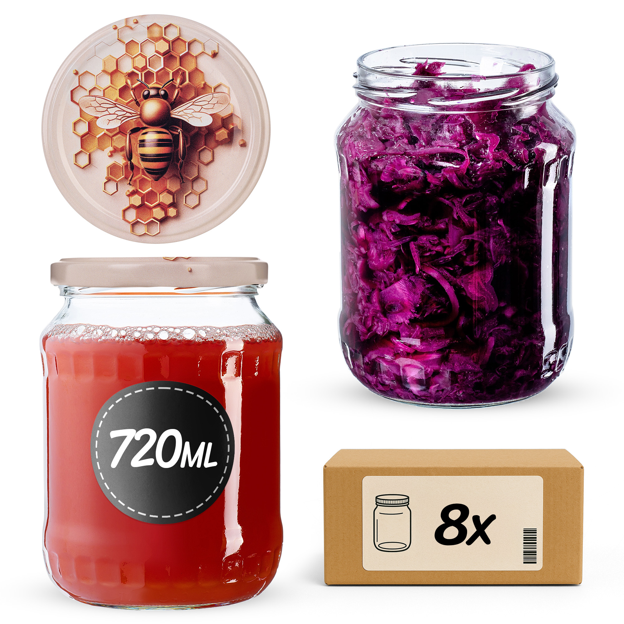 Słoiki na przetwory Jukka 720ml fi82mm 8szt + wieczko Pszczoła
