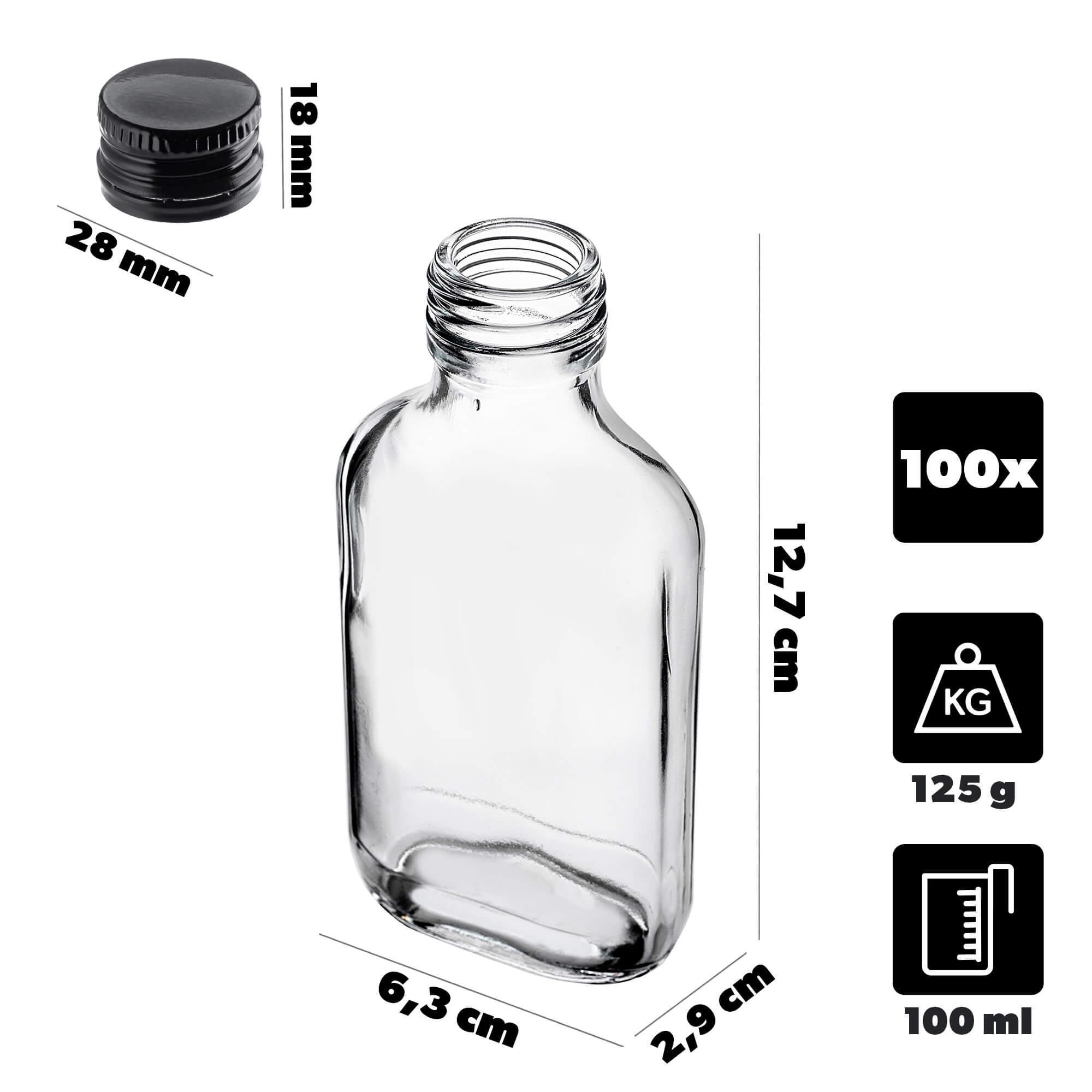 Butelka piersiówka Viane 100ml z czarną zakrętką 100 szt.
