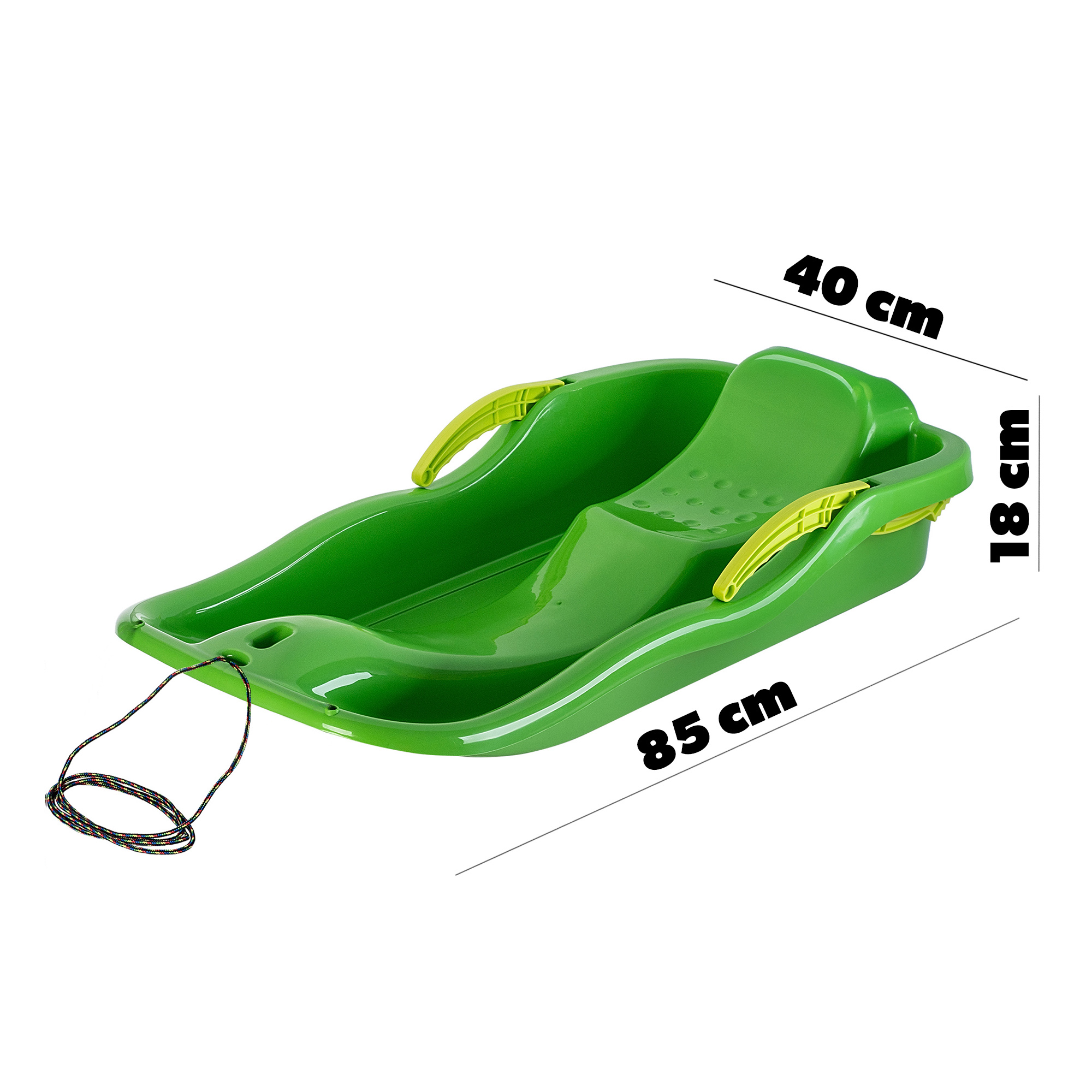 Sanki plastikowe z rączkami, hamulcem i linką, zielone