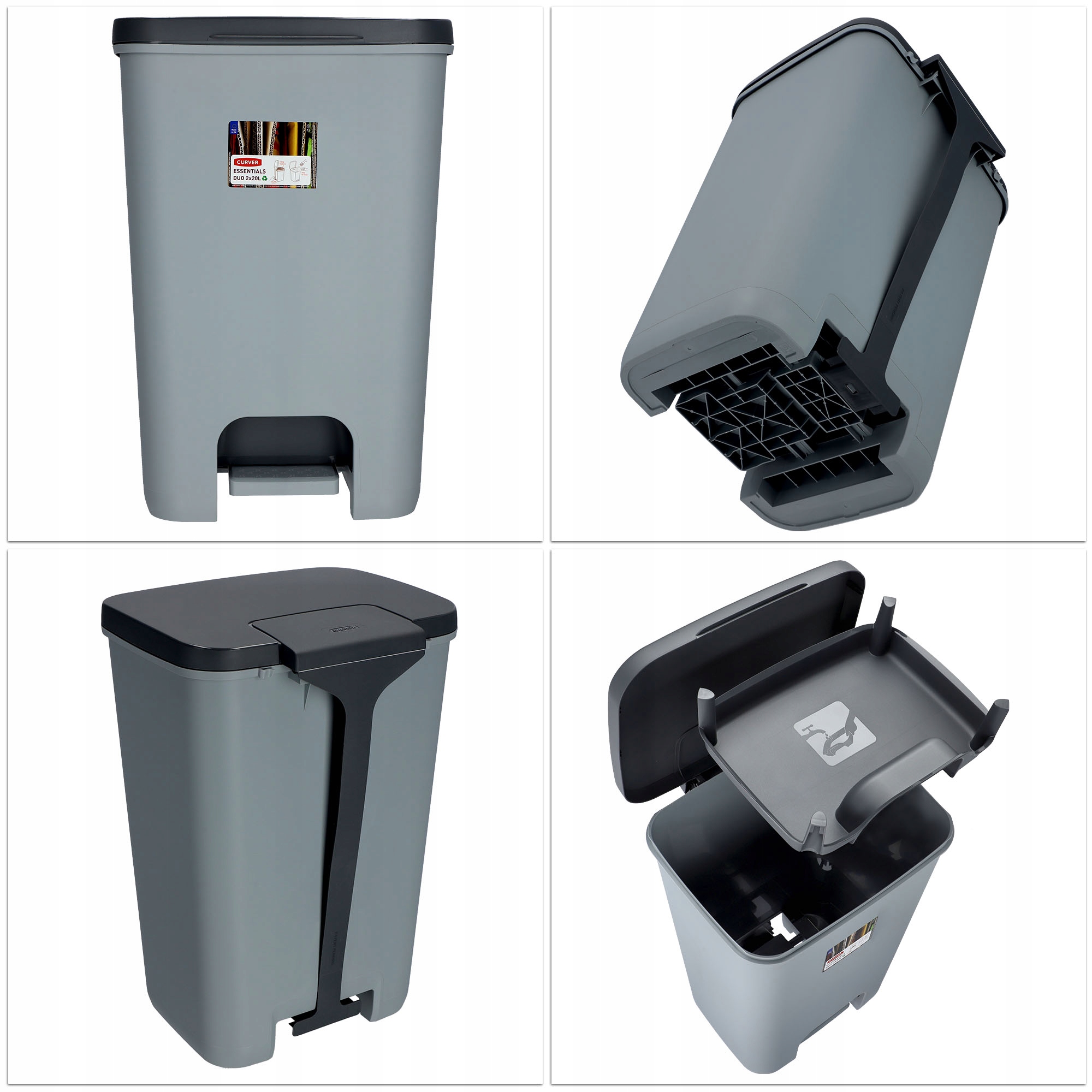 Kosz na śmieci do segregacji Curver Duo 40L, szary