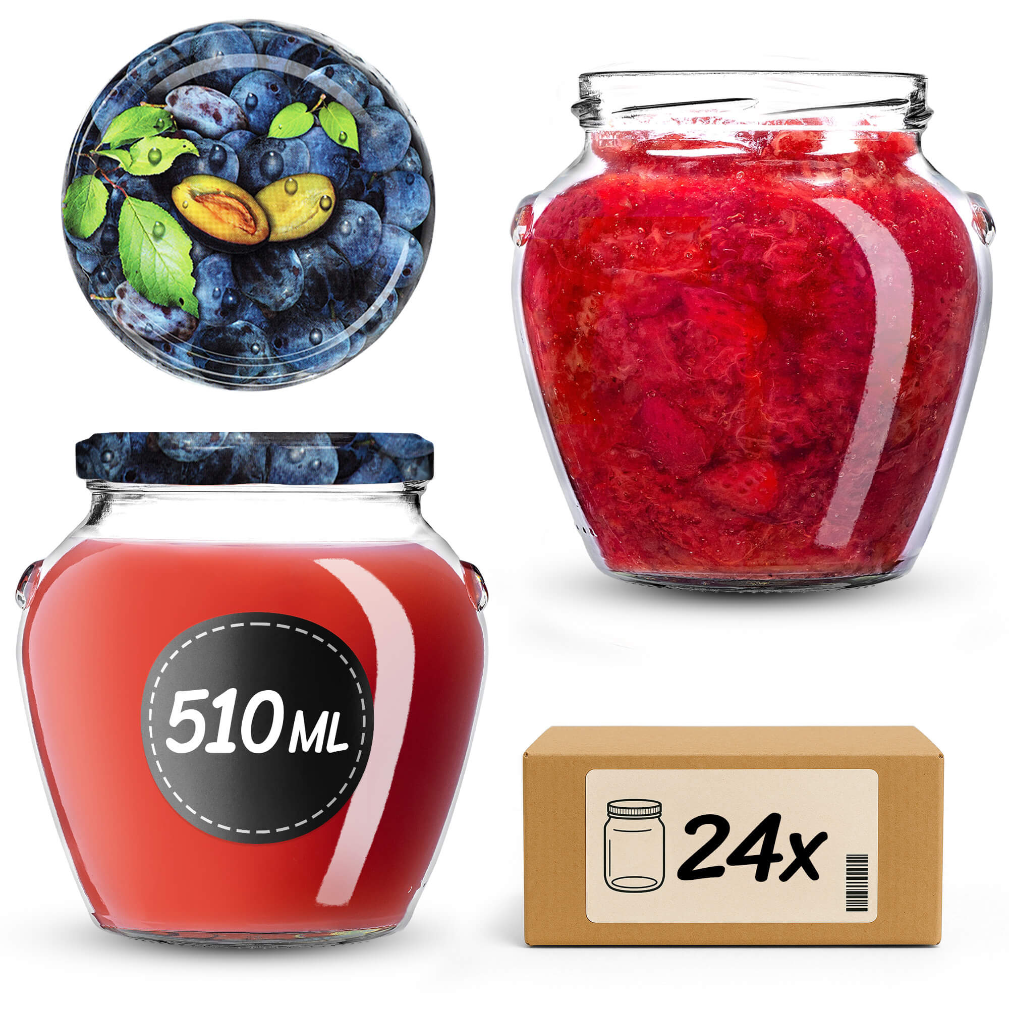 Słoiki na przetwory Sassa 580ml 24szt 82mm + wieczka "Śliwki"