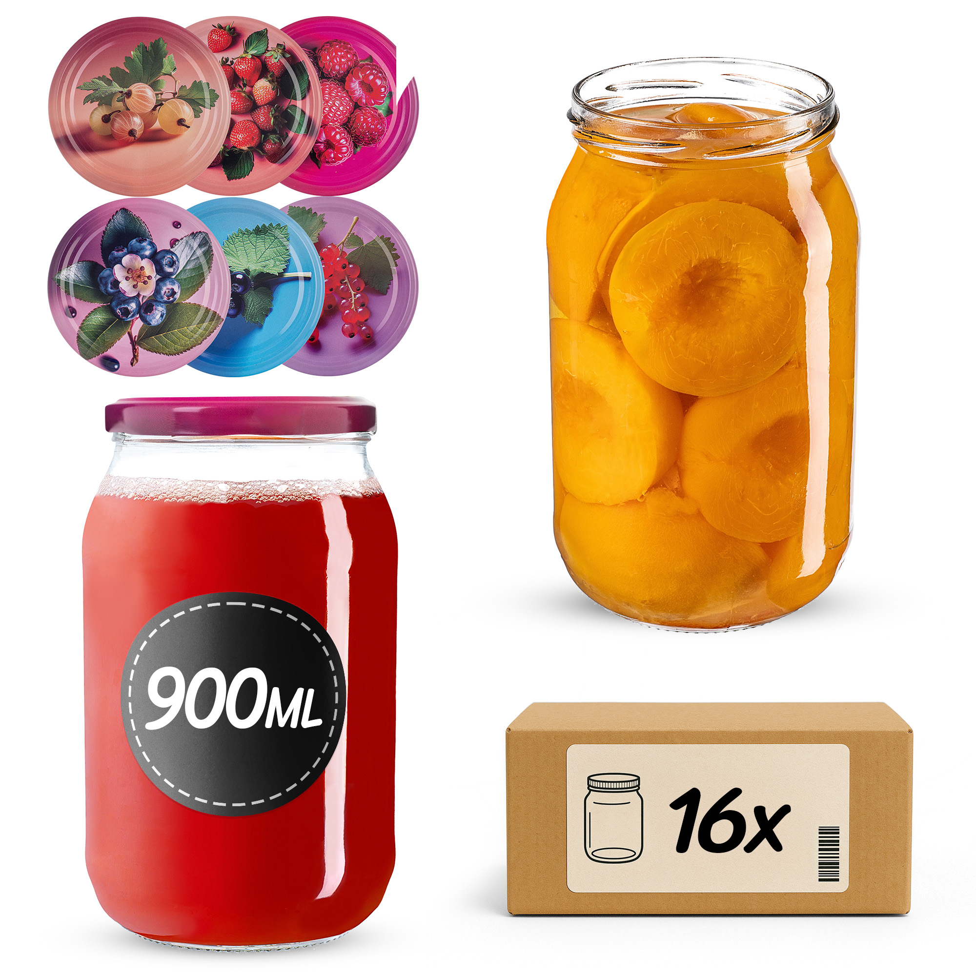 Słoiki na przetwory Simo 900ml fi82mm 16szt + wieczko Jagodowy mix