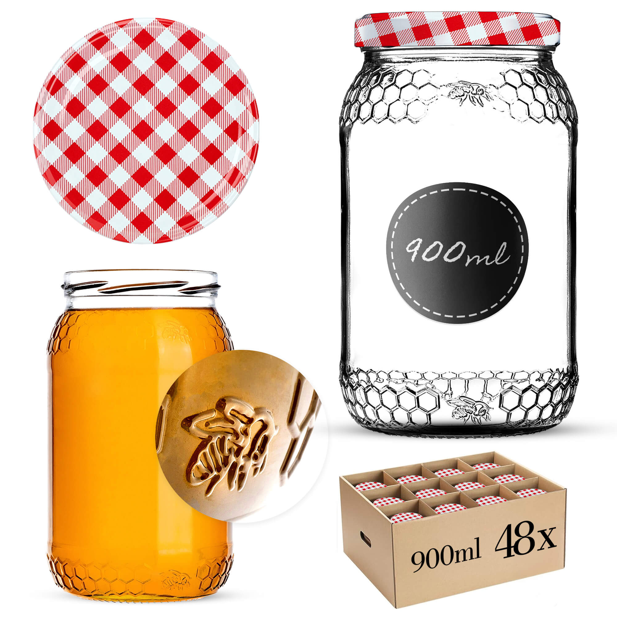 Szklany słój Lierde 900ml 82mm 48 szt. + wieczka "Czerwona krata"