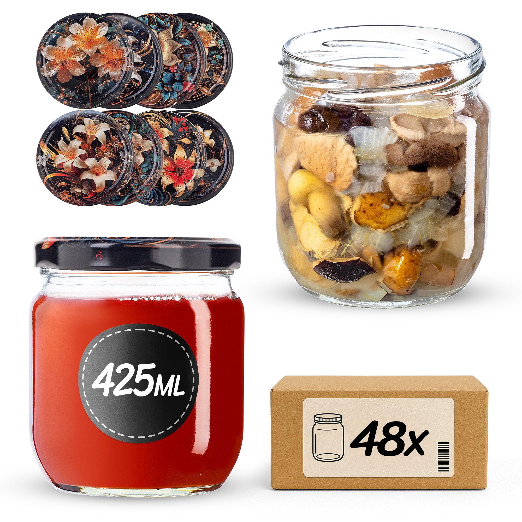 Słoiki na przetwory Salla 425ml fi82mm 48szt + wieczko Kwiaty