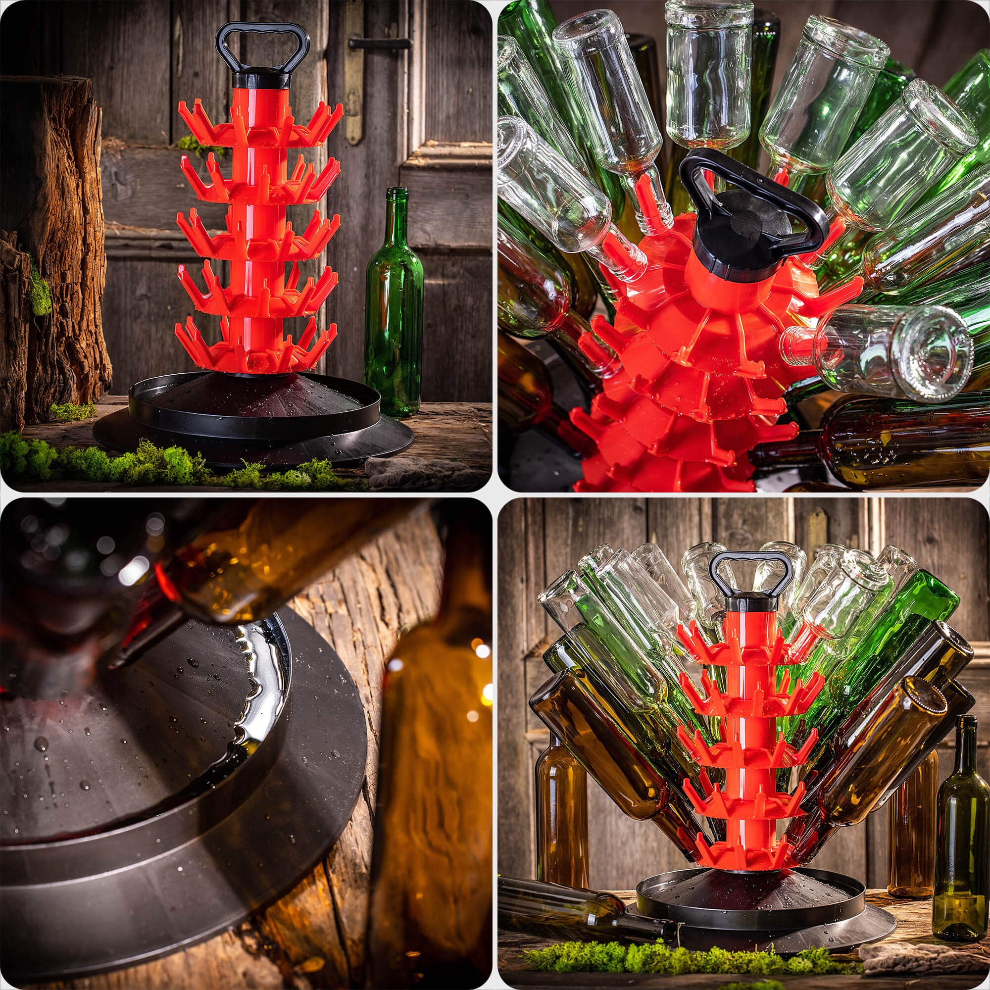 Suszarka ociekacz do butelek Nusco na 50 sztuk z uchwytem czerwony