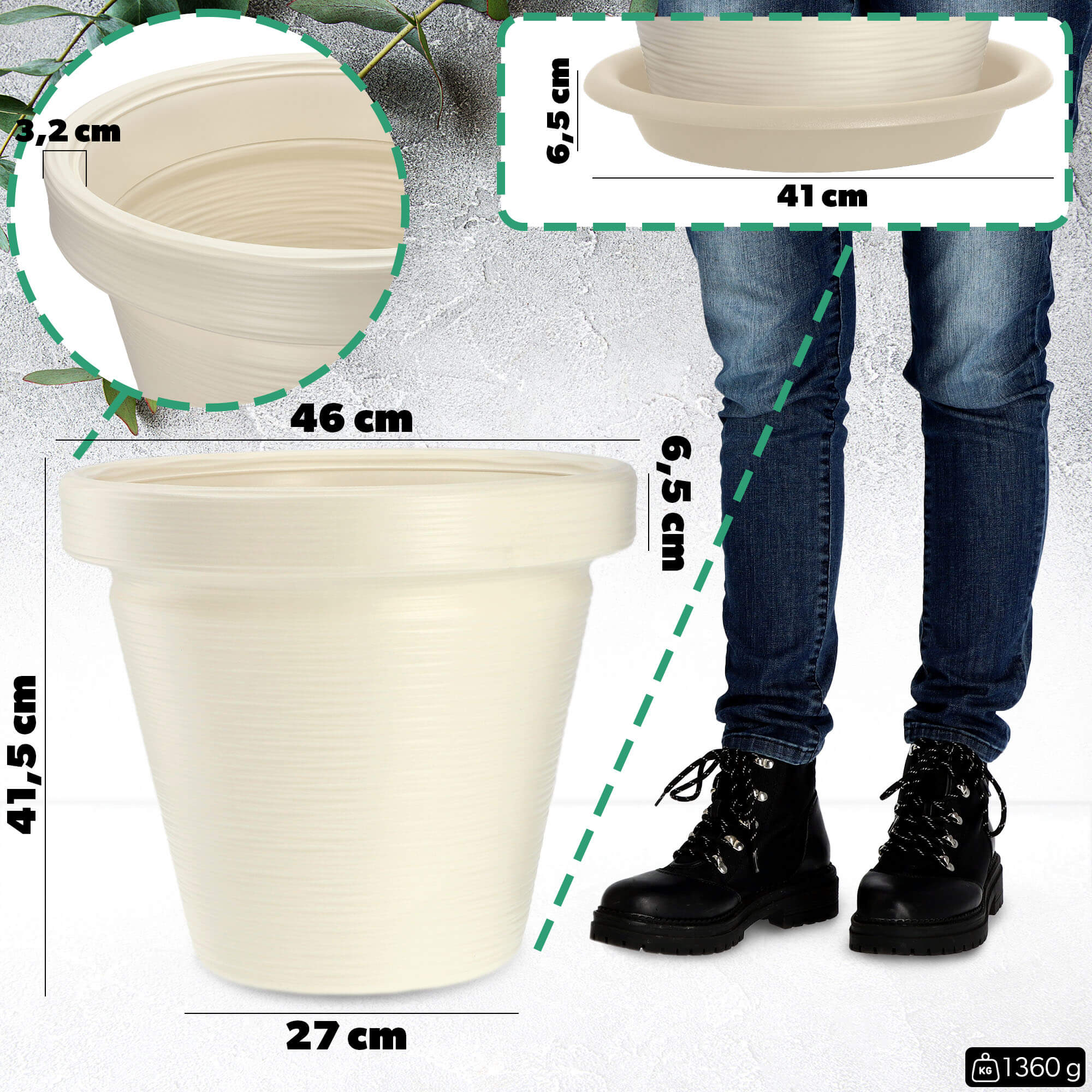 Donica z podstawką Cieza 46 cm, kremowa