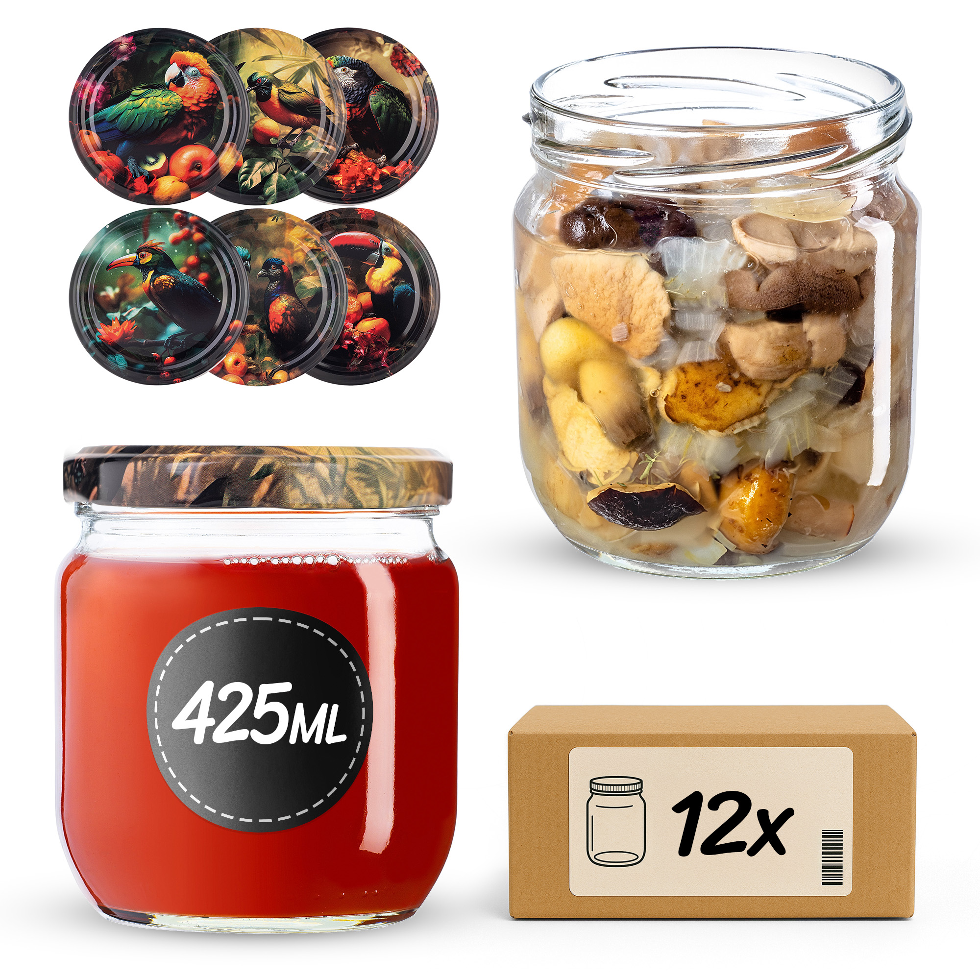Słoiki na przetwory Salla 425ml fi82mm 12szt + wieczko Ptaki