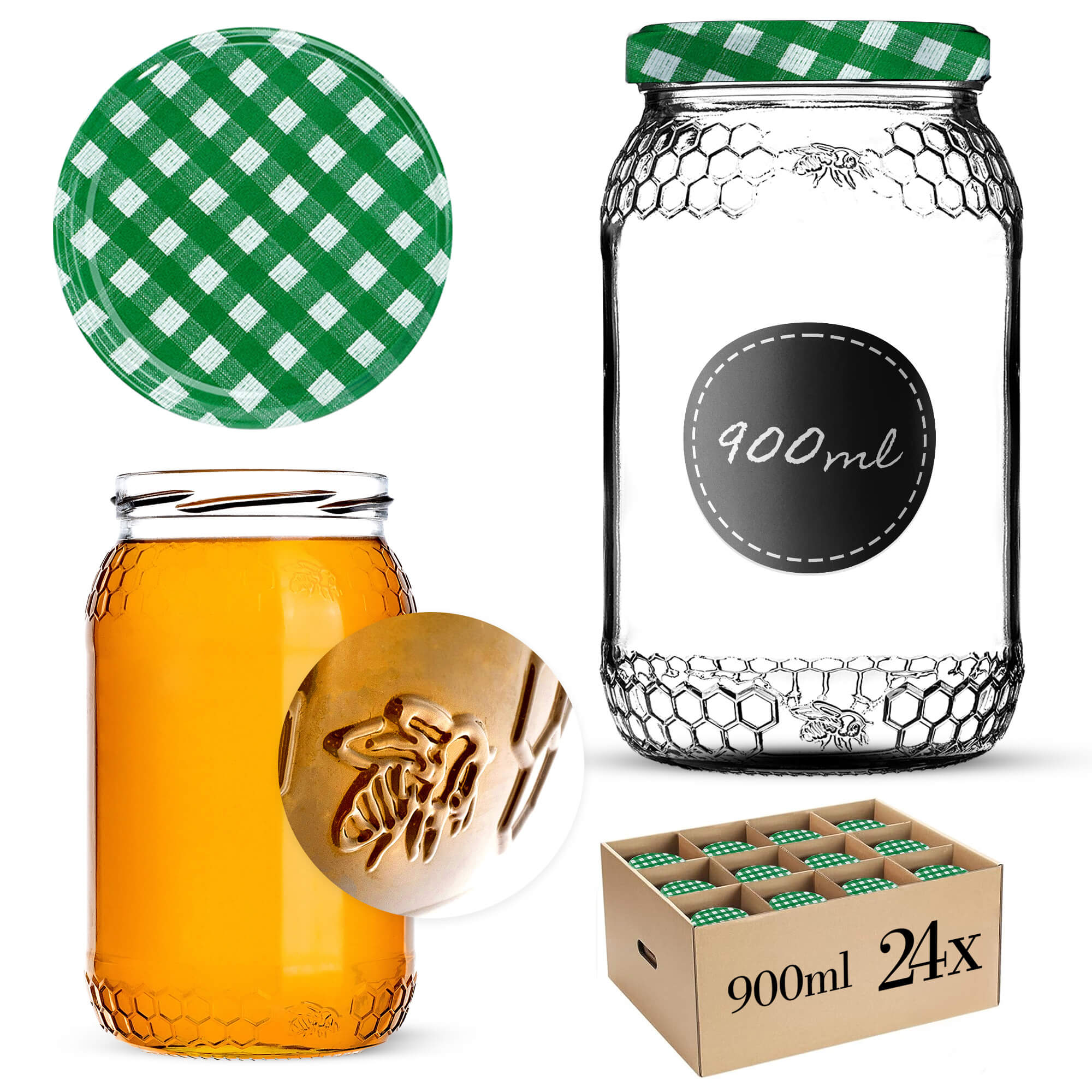 Szklany słój Lierde 900ml 82mm 24 szt. + wieczka "Zielona krata"