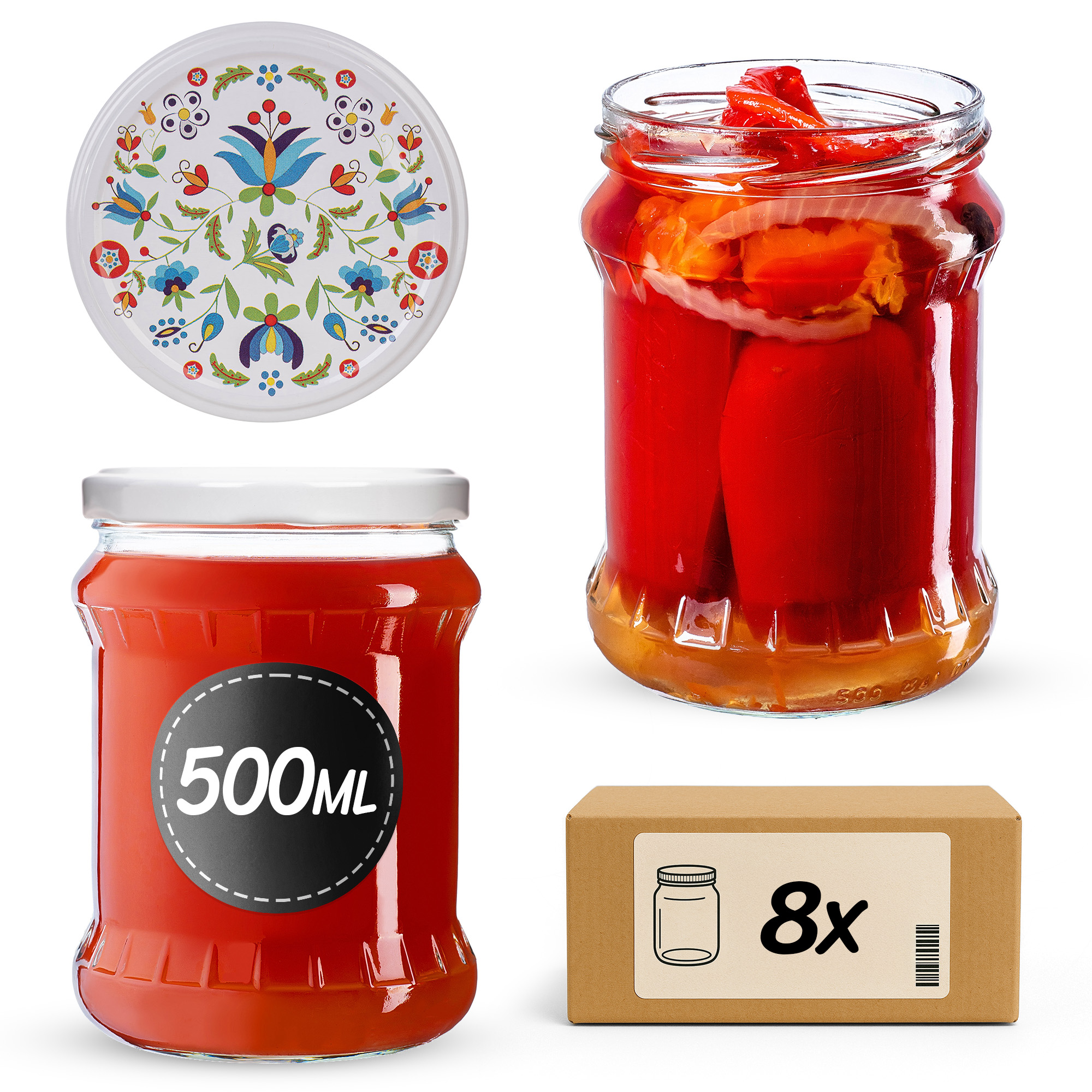 Słoiki na przetwory Kisko 500ml fi82mm 8szt + wieczko Kaszuby