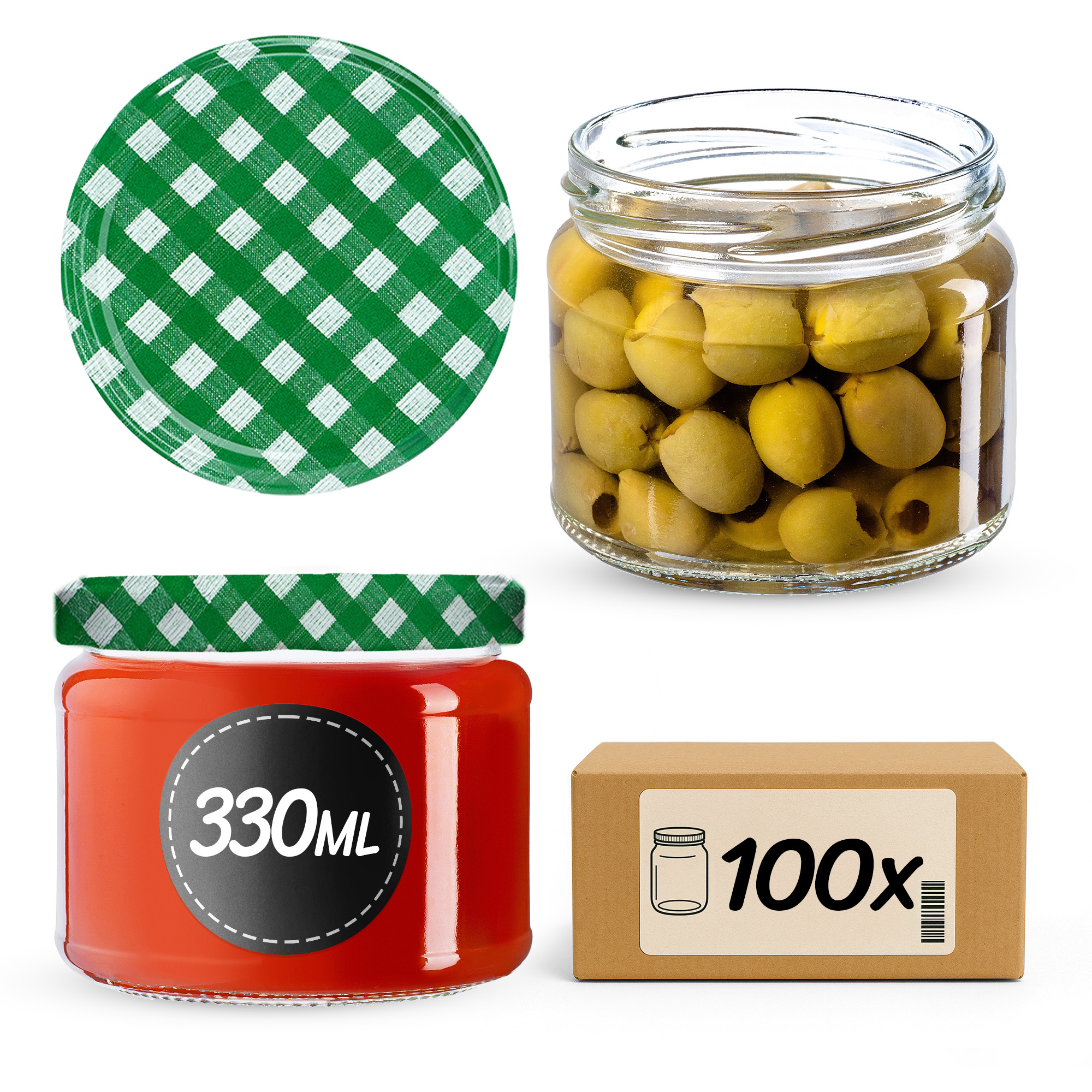 Słoiki na przetwory Sonka 330ml 100szt 82mm + wieczka "Zielona Krata"