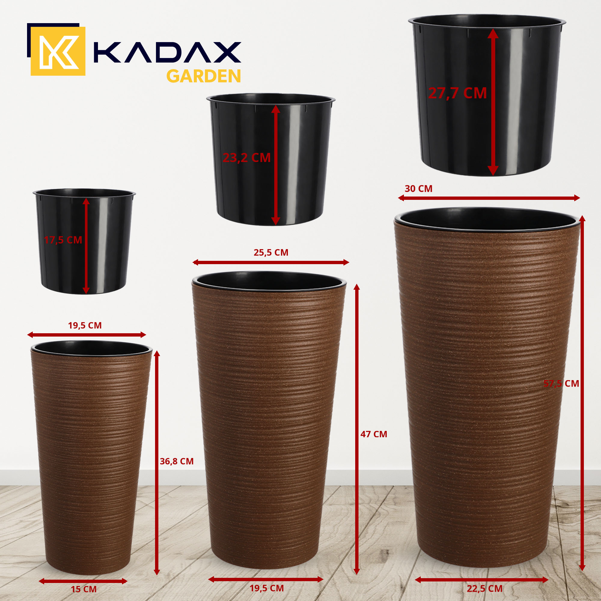 Donice na kwiaty z wkładem dłuto 19 cm + 25 cm + 30 cm, naturalne