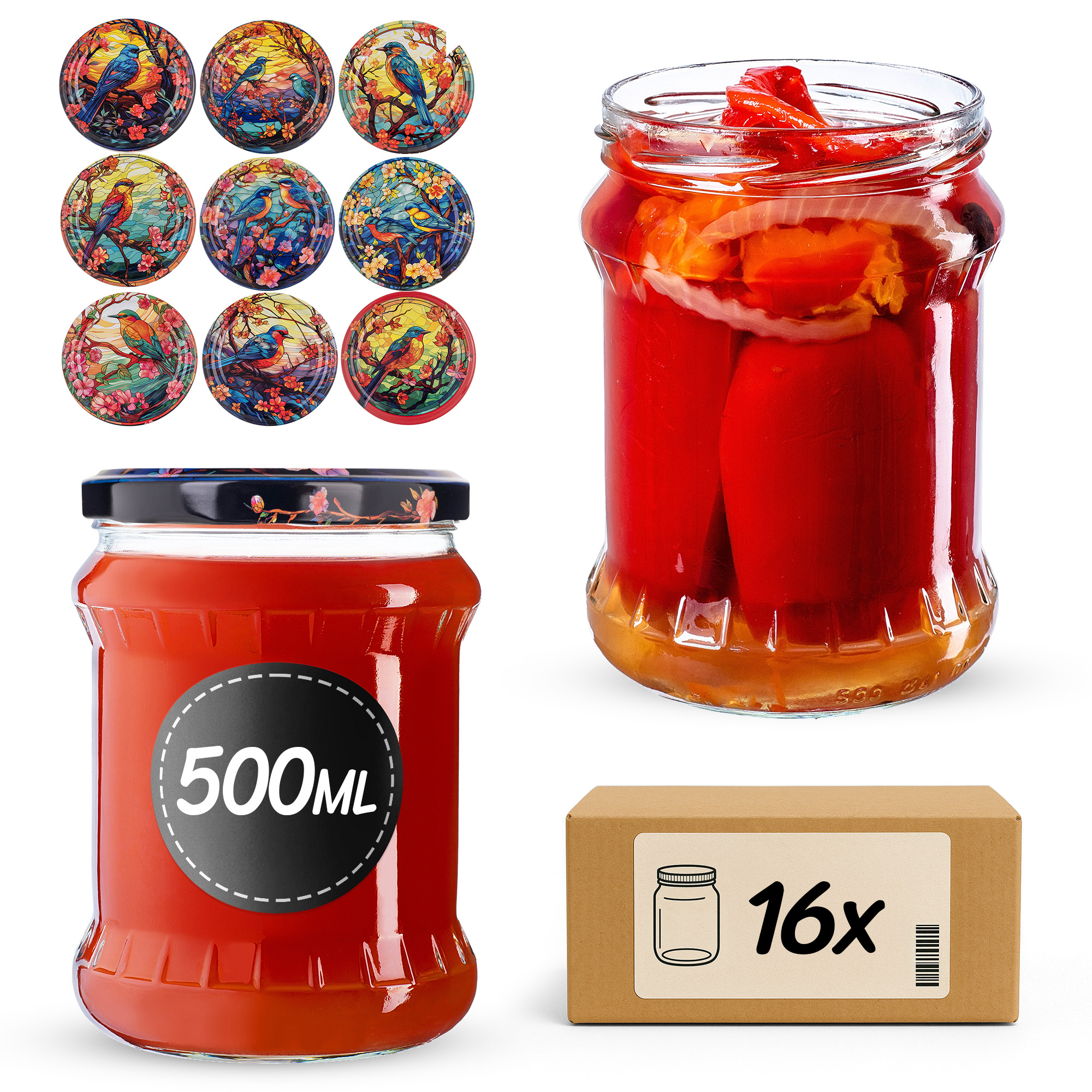 Słoiki na przetwory Kisko 500ml fi82mm 16szt + wieczko Ptaki