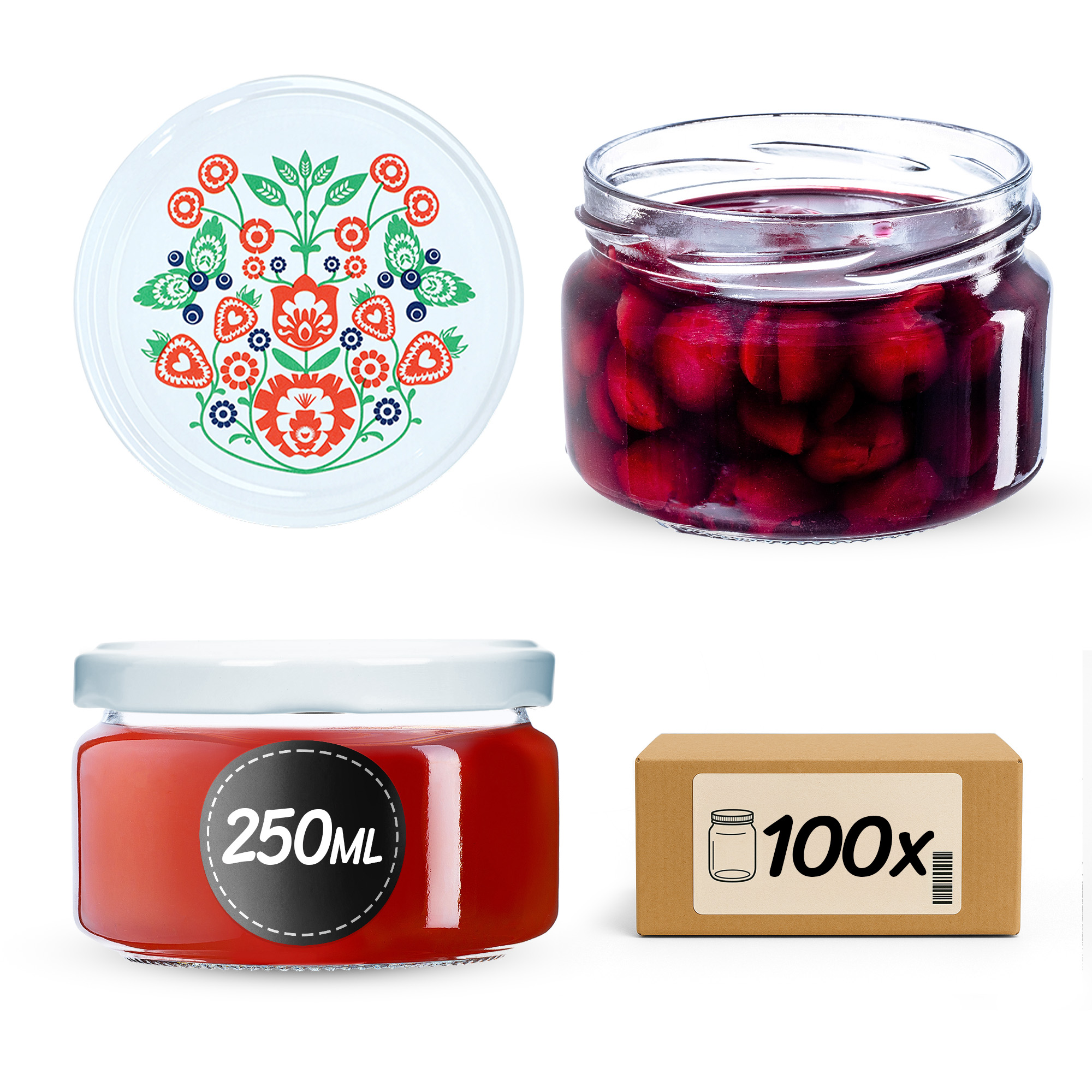 Słoiki na przetwory Denia 250ml 100szt 82mm + wieczko "Folklor"