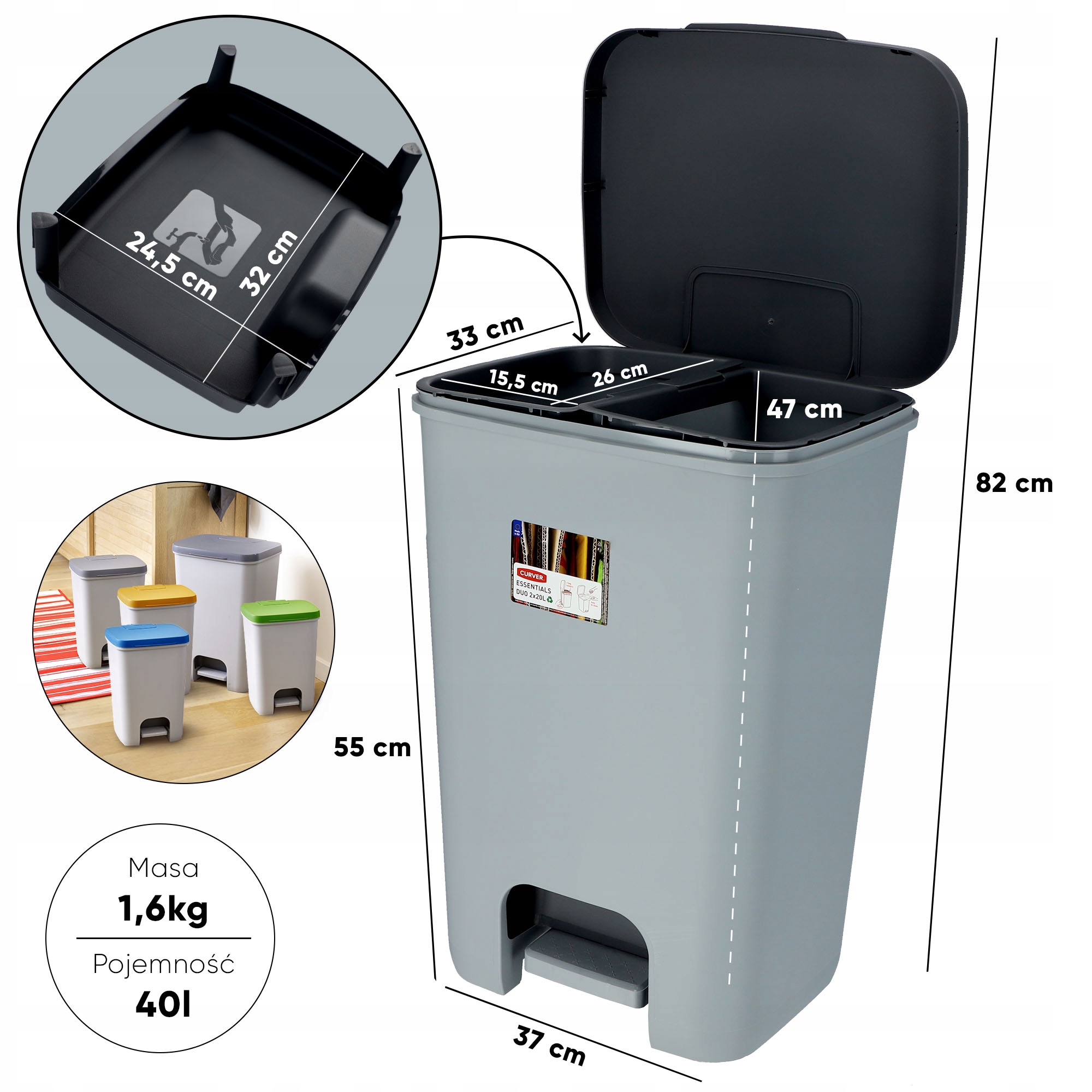 Kosz na śmieci do segregacji Curver Duo 40L, szary