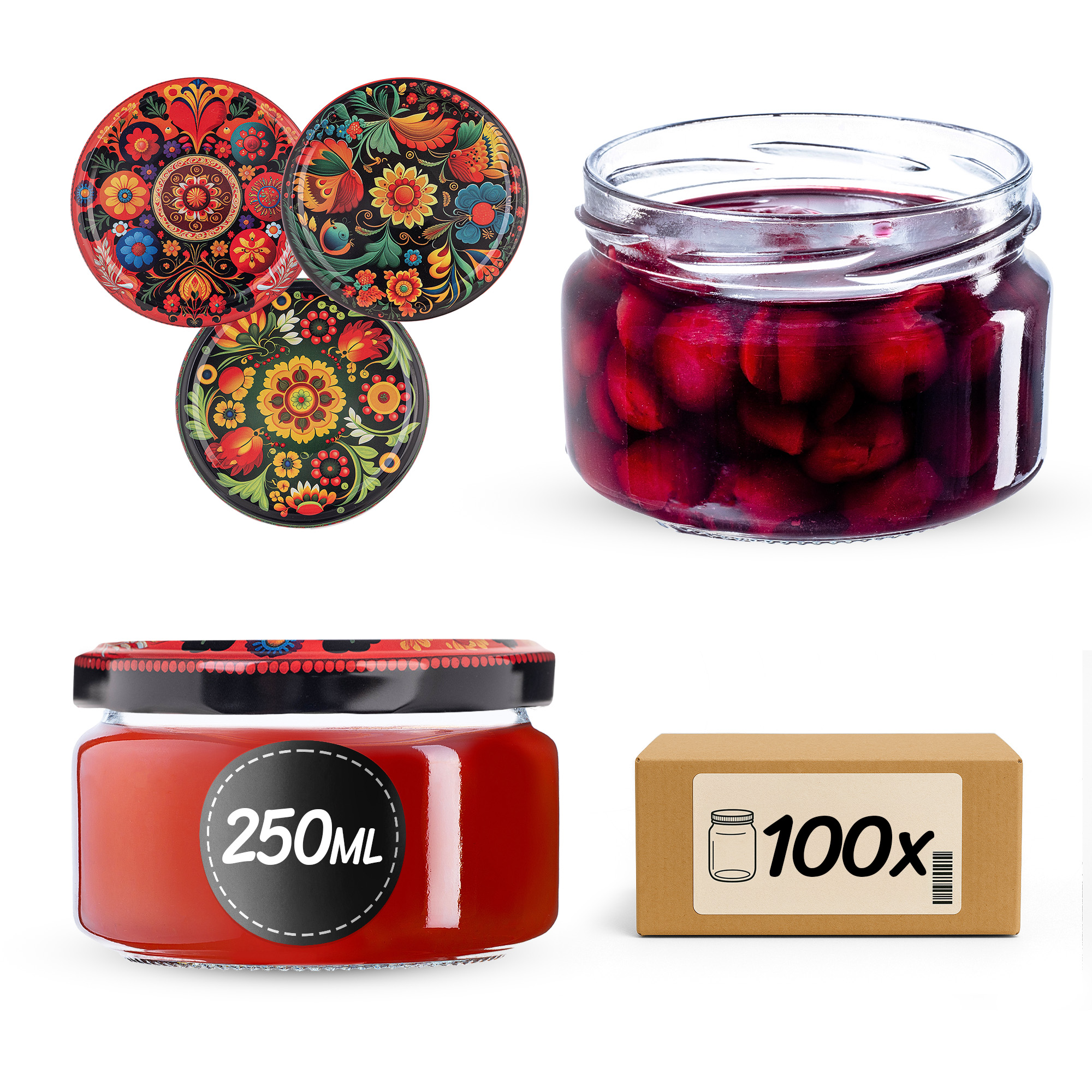 Słoiki na przetwory Denia 250ml 100szt 82mm + wieczko "Haftowanka"