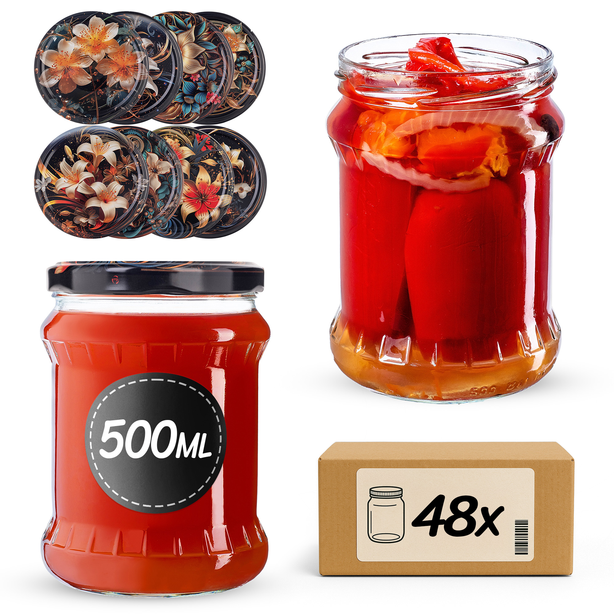 Słoiki na przetwory Kisko 500ml fi82mm 48szt + wieczko Kwiaty